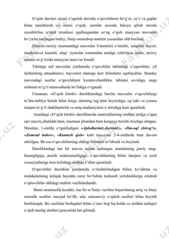 ular bo‘yicha tanlangan badiiy, ilmiy-ommabop matnlar yuzasidan olib boriladi. ijtimoiy-tarixiy mazmundagi mavzular vatanimiz o‘tmishi, xalqimiz hayoti, mardonavor kurashi, ulug‘ siymolar tomonidan amalga oshirilgan ishlar, tarixiy sanalar to‘g‘risida muayyan tasavvur beradi. tabiatga oid mavzular yordamida o‘quvchilar tabiatdagi o‘zgarishlar, yil fasllarining almashinuvi, hayvonot olamiga doir bilimlarni egallaydilar. bunday mavzudagi asarlar o‘quvchilarni kuzatuvchanlikka, tabiatni sevishga, unga nisbatan to‘g‘ri munosabatda bo‘lishga o‘rgatadi. umuman, «o‘qish kitobi» darsliklaridagi barcha mavzular o‘quvchilarga ta’lim-tarbiya berish bilan birga, ularning lug‘atini boyitishga, og‘zaki va yozma nutqini to‘g‘ri shakllantirish va nutq madaniyatini o‘stirishga ham qaratiladi. amaldagi «o‘qish kitobi» darsliklarida materiallarning sinfdan sinfga o‘tgan sari mavzu jihatidan ham, mazmun jihatidan ham kengaya borishi hisobga olingan. masalan, 1-sinfda o‘rgatiladigan «ajdodlarimiz-faxrimiz», «ilm-aql chirog‘i», «zumrad bahor», «kumush qish» kabi mavzular 2-4-sinflarda ham davom ettirilgan. bu esa o‘quvchilarning oldingi bilimlari to‘ldiradi va boyitadi. darsliklardagi har bir mavzu uchun tanlangan matnlarning janriy rang-barangligiga, poetik mukammalligiga, o‘quvchilarning bilim darajasi va yosh xususiyatlariga mos kelishiga alohida e’tibor qaratiladi. o‘quvchilar …