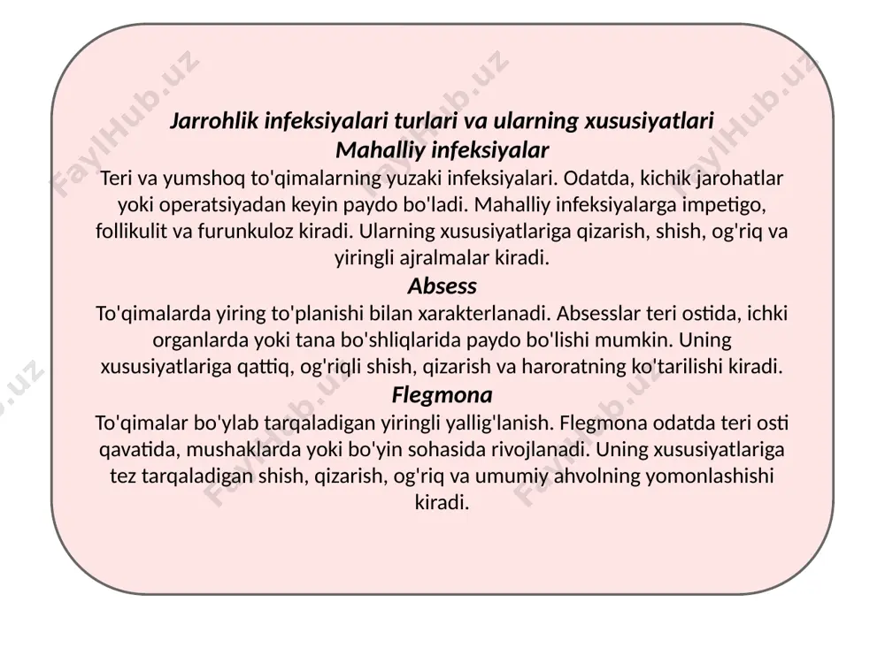 iga ham tarqalishi mumkin (suyak panaritsiysi). rivojlanish bosqichlari panarisiyning birinchi bosqichi - bu qizarish va shish. keyin yiring to'planadi va og'riqli shish paydo bo'ladi. agar davolanmasa, infeksiya chuqur to'qimalarga tarqalishi va tendinit, artrit yoki osteomiyelitga olib kelishi mumkin. jarrohlik davolash panarisiyning jarrohlik davolash usuli - bu yiringni ochish va tozalash. operatsiya mahalliy og'riqsizlantirish ostida amalga oshiriladi. jarohat antiseptiklar bilan tozalanadi va steril bandaj qo'llaniladi. ba'zida antibiotikoterapiya ham zarur bo'ladi. limfadenit: sabablari, diagnostikasi va konservativ davolash sabablari limfadenit - bu limfa tugunlarining yallig'lanishi, odatda infeksiya tufayli. u bakterial, virusli yoki zamburug'li infeksiyalar bilan bog'liq bo'lishi mumkin. limfadenit ko'pincha teri infeksiyalari, tomoq og'rig'i yoki tish infeksiyalari bilan birga keladi. diagnostikasi limfadenitni tashxislash klinik tekshiruvga asoslanadi. limfa tugunlari kattalashgan, og'riqli va harakatchan bo'ladi. qon tekshiruvi infeksiya belgilarini aniqlashga yordam beradi. ba'zida limfa tugunining biopsiyasi saratonni istisno qilish uchun zarur bo'ladi. konservativ davolash limfadenitni konservativ davolash antibiotikoterapiyani, og'riq qoldiruvchi vositalarni va yallig'lanishga qarshi preparatlarni …