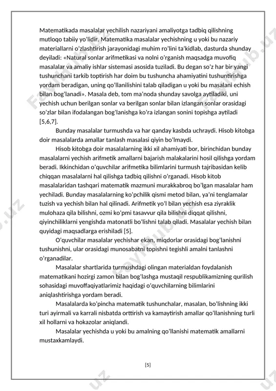 ’ulotlariga qiziqish va havas uyg’otishiga yordam beradi. o’quvchilar sodda masalalar yechish bilan miqdor orasidagi bog’lanishni tushunishni va u yoki bu arifmetik amalni qo’llanishning turli hollarini ko’rsatib, sodda masalalar yechishni takrorlash foydalidir. qo’shish amali: qo’shiluvchilar berilganda yig’indini topish. 2 berilgan sonni bir necha birlik orttirish kerak bo’lganda ishlatiladi [3]. ayirishda ikki sonning berilgan yig’indisi va qo’shiluvchilarning biri bo’yicha ikkinchi qo’shiluvchi (qoldiq) topiladi. shuning uchun ayirish bilan 1-qoldiqni topishga doir masalar 2-sonni bir necha birlik kamaytirishga doir masalar yechiladi, bu yerda izlangan qo’shiluvchi yig’indini topish uchun bir necha birlik (ayiriluvchi) qo’shiluvchi sondir. 3. sonning ayirmasini topishga doir masalalar (ayirmasini taqqoslash) echiladi. bu erda kamayuvchini topish uchun noma’lum qo’shiluvchi berilgan qo’shiluvchiga (ayiriluvchiga) qo’shilgan [4,5,6]. butun songa ko’paytirish vositasi bilan quyidagicha masalalar yechiladi: 1. teng qo’shiluvchilardan biri (ko’payuvchi) bo’yicha yig’indi (ko’paytma) topiladi. 2. berilgan son (ko’payuvchi) ko’paytuvchida nechta birlik bo’lsa, shuncha marta orttiriladi. ikki ko’paytuvchining ko’paytmasi (bo’linuvchi) va ko’paytuvchilardan biri bo’yicha bo’lish vositasi bilan …