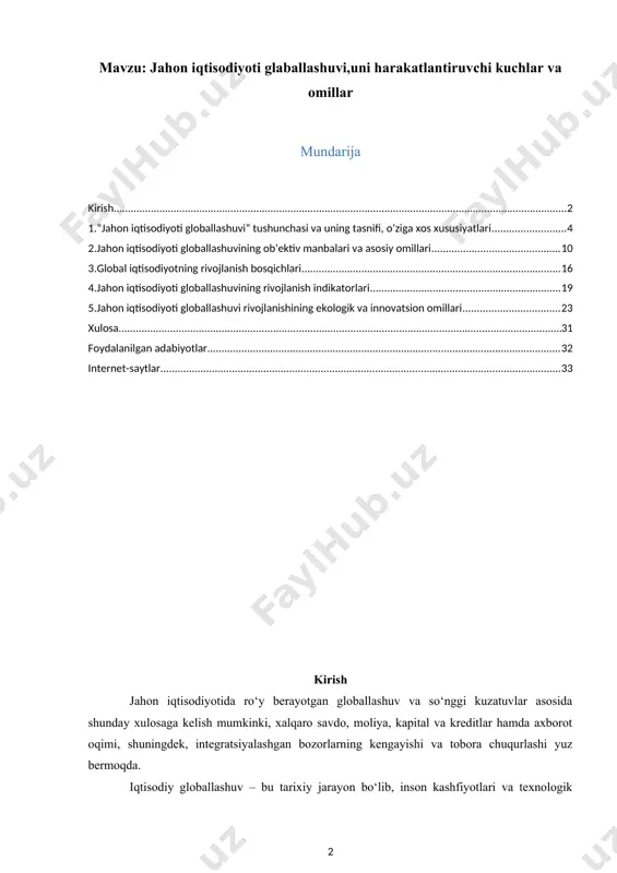jalarida asrlar davomida amal qilib kelgan o‘sha bozor kuchlarining milliy chegaralarni e’tiborga olmay uzluksiz kengayishini anglatadi. bozorlar raqobat va ishchi kuchining ixtisoslashuvi orqali samaradorlikni rag‘batlantiradi, ya’ni insoniyat imkon qadar samaradorlikka intiladi. global bozorlar insoniyatga jahon bo‘ylab ko‘proq va kattaroq bozorlardan foydalanish borasida kengroq imkoniyatlarni taqdim etadi. bu shuni anglatadiki, ular yanada ko‘proq kapital oqimi, texnologiya, arzon import va yirik eksport bozorlariga kirish imkoniyatiga ega bo‘ladilar. lekin bozorlar samaradorlikning oshishidan ko‘riladigan manfaatlarni barcha uchun teng taqsimlanishini kafolatlay olmaydi. globallashuv kechagina sodir bo‘lgan voqelik emas. ba’zi tahlilchilar jahon iqtisodiyoti 100 yillar oldin ham bugungi kundagidek globallashganligini e’tirof etadilar. xix asr oxirlariga kelib, milliy daromad tarkibidagi tashqi savdo oqimining ulushi deyarli bugungi kundagidek edi, zero, kapital, transferlar nisbatan yirikroq, insonlarning ko‘chib o‘tishi darajasi immigratsiyaga to‘siqlarning mavjudligiga qaramay bugungi kunga nisbatan yuqoriroq bo‘lgan. lekin shuni tan olishimiz kerakki, bugungi kunda tijorat va moliyaviy xizmatlar avvalgi davrdagiga nisbatan ancha taraqqiy etgan va chuqur integratsiyalashgan. o’zbekiston …