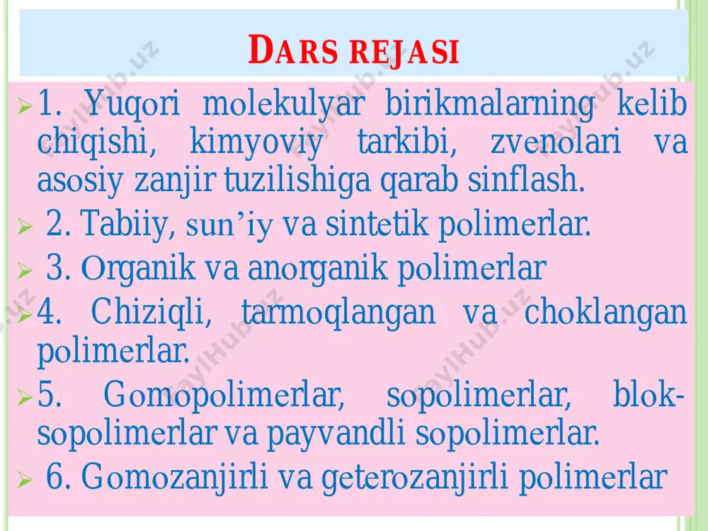 h h si si si h h h h h h полисиланлар c h 2c h 2 oc h 2 c h 2 o полиэтиленоксид пп асосий занжирнинг таркибидаги элементларга кўра: гомозанжирли гетерозанжирли карбозанжирли makromolekulyar birikmalarning asosiy zanjirning elementar tarkibiga ko'ra tasnifi  gomozanjirli ​​polimerlari - asosiy zanjirida faqat bitta turdagi atom bo'lgan polimerlar. agar bu uglerod atomlari bo'lsa, unda bunday polimerlar karbozanjirli ​​deb ataladi;  geterozanjirli polimerlar - bu ikki yoki undan ortiq turdagi atomlarni o'z ichiga olgan polimerlar. karbozanjirli geterozanjirli eng keng tarqalgan polimerlarning asosiy sinflari karbozanjirli geterozanjirli polioksidlar poliefirlar polikarbonatlar poliamidlar poliurinatlar polimochivinalar polisilaksanlar va b. m m m m m m m m m m m m m m m m m m m m m m m m m m m m mm mm mm m m – м – м – м – м – м – м – м – чизиқли тармоқланган чокланган …