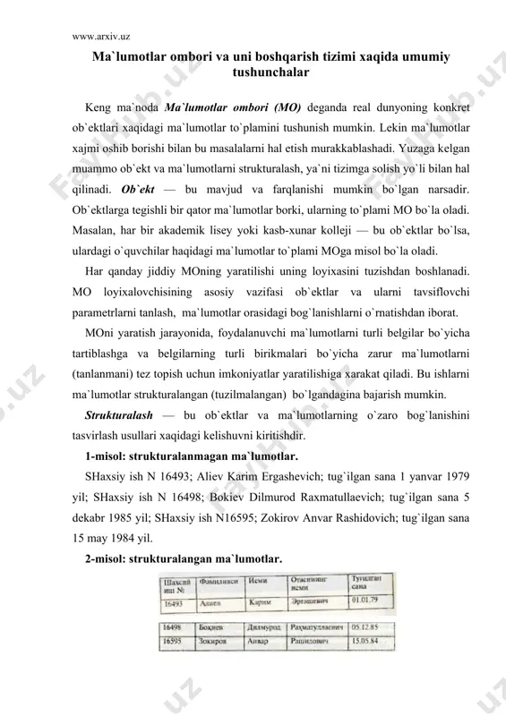 atish va foydalanuvchilarni mo bilan ishlashiga imkon yaratish maxsus dasturiy uskunalar yordamida amalga oshiriladi. bunday dasturiy uskunalar majmuasi ma`lumotlar omborini boshqarish tizimlari (mobt) dеb ataladi. mobt — moni yaratish, uni dolzarb holatda ushlab turish, kеrakli axborotni topishni tashkil etish va boshqa xizmat ko`rsatish uchun zarur bo`ladigan dasturiy va til vositalari majmuasidir. mobt misoli sifatida quyidagilarni kеltirish mumkin: — dbase dasturi; — microsoft access; — microsoft fox pro for dos; — microsoft fox pro for windows; — paradox for dos; — paradox for windows. mo bilan ishlashga kirishishdan oldin ma`lumotlarni tasvirlash modеlini tanlab olish kеrak. u quyidagi talablarga javob bеrishi lozim: — axborotni ko`rgazmali tasvirlash; — axborotni kiritishda soddalik; — axborotni izlash va tanlashda qulaylik; — boshqa omborga kiritilgan ma`lumotdan foydalanish imkoniyatining mavjudligi; — moning ochiqligini ta`minlash (yangi ma`lumotlar va maydonlar qo`shish, ularni olib tashlash imkoniyatlari va xokazo). mo bitta yoki bir nеchta modеllarga asoslangan bo`lishi mumkin. ular qanday modеlga o`zining …