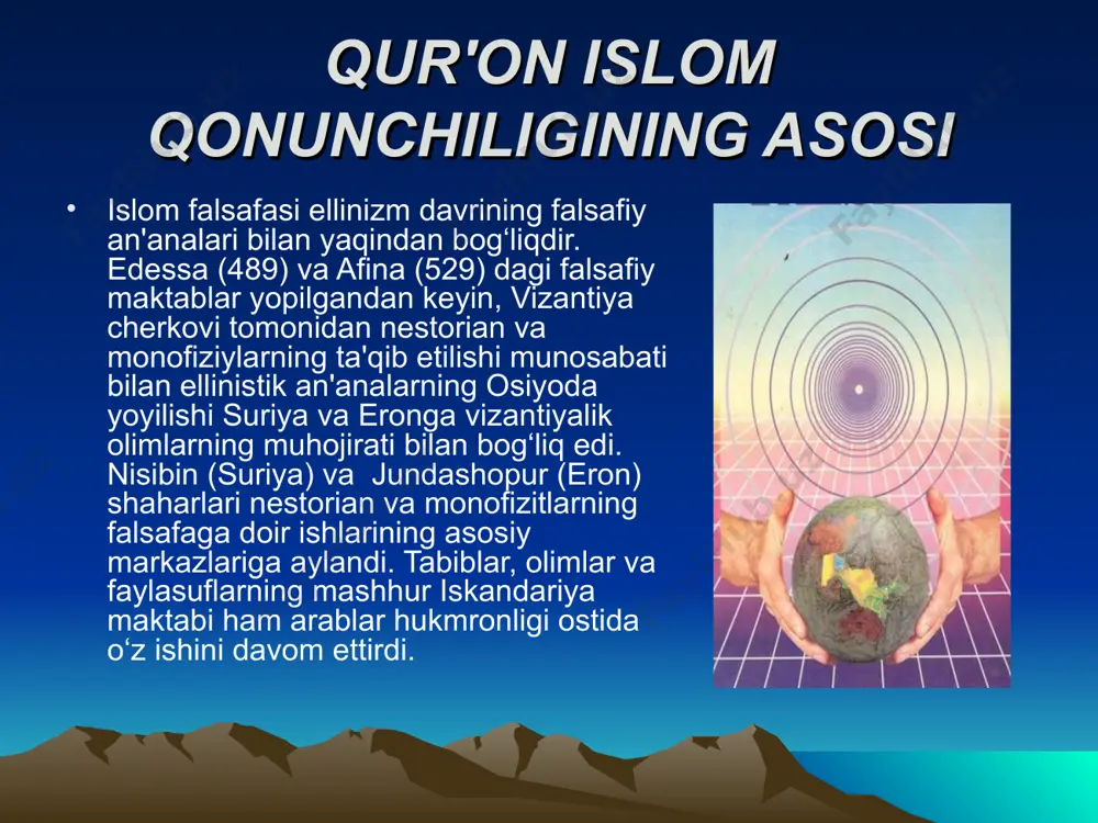 ining juda ko‘p maktablari mavjud edi. moturidiy o‘zining kalom tizimini ashariydan mustaqil ravishda ishlab chiqqan edi. umuman, ularning qarashlari va tizimlari bir-biriga o‘xshaydi. tasavvuf ta’limotining ahamiyati. tasavvuf axli mutasavviflar deb ataladi. tasavvuf ta’limoti bilimdoni bulgan ta’limning falsafiy goyalari, danyokarashi va axlokiy koidalarini tan olib, uz ijodiga tadibk etgan, ammo sufiylik yulini amalda xayotga tadbik kilmagan mutafakkir olimlalr, yozuvchi shoirlar va boshkalar sufiy emas, balki, tasavvuf axli yoki mutasavviflarl deb atalganlar. tasavvufni xurfikrlilikning bir kurinishi yoki okimi deb xam karash mumkin, chunki u islom akidalarini chukur va atroflicha taxlil kilish orkali ularni axlokiy tarbiyaviy ma’noda ijobiy tomondan talkin kiladi, bir kancha diniy koidalar va xayotiy masalalar ustida zukkolik bilan teran falsafiy muloxazalar yuritadi. xulosa xullas kalom, inson tarbiyasi, insonni nuksonlar gunoxlardan kutkarish ulug ajdodlarimizning kaygusi bulib kelgan. ular savob va gunox, soya va nur rxmon va shayton, xayri sharr chegarasida yaratilgan bu mubxam xilkatni anglash, uning raxmoniy va shaytoniy kuvvatlari kachon, …