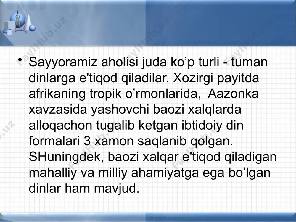 n bo’lardi. diniy qarama-qarshiliklar ko’pincha irqiy va milliy ziddiyatlar bilan bog’lanib, uzoq davom etadigan “qaynoq nuqtalarni” vujudga keltiradi. dunyodagi eng keng tarqalgan dinlar islom dini indoneziyada ham asosiy din hisoblanadi. bu dinga shuningdek, fillipin davlatining janubiy qismida yashovchi xalqlar ьarbiy hitoydagi uyьur va dunganlar ham e’tiqod qilishadi. yevropada istambul va uning atrofidagi usmoniy turklar, albanlar va bosniyaliklar, bolgarlarning bir qismi, lo’lilarning ko’pchiligi musulmon hisoblanadi. dunyo inlari orasida e’tiqod qiluvchilar soni bo’yicha ham, geografik tarqalish areali jihatdan ham eng kichigi buda dinidir. ammo tarixiy nuqtai nazardan eng qadimgi “dunyo dini”dir. hozir bu dinga hindiston axolisining bir qismi va tibetliklarning birikmalar qismi dunyo qiladi. dunyo inlari orasida e’tiqod qiluvchilar soni bo’yicha ham, geografik tarqalish areali jihatdan ham eng kichigi buda dinidir. ammo tarixiy nuqtai nazardan eng qadimgi “dunyo dini”dir. hozir bu dinga hindiston axolisining bir qismi va tibetliklarning birikmalar qismi dunyo qiladi. milliy dinlarga hindistondagi induizm, hitoydagi konfutsianlik, yaponiyadagi sintoizm va boshqalar …