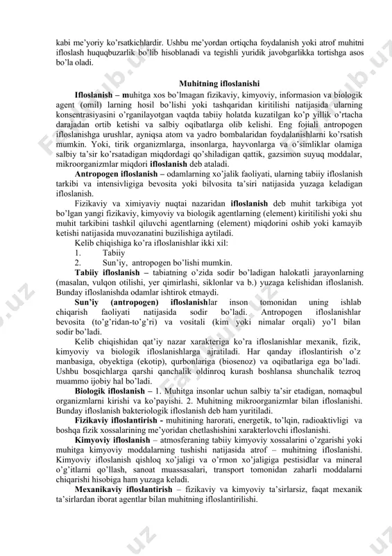 ifikasiya qilish. tuproq, suv, havo, o’simlik, hayvon, qazilma boyliklari va x.k. 3. resurslarni tugash va tugamasligiga qarab klassifikasiya qilish prinsipi. tabiiy resurslar tasnifi tugaydigan resurslar tugamaydigan resurslar tiklanmaydigan resurslar tiklanadigan resurslar yer osti qazilmalari (ko’mir, neft, gaz, rudali va noruda qazilma boyliklari) tuproq, o’simlik, hayvonlar va suv resurslari kosmik resurslari, iqlim, suv resurslari [havo, suv resurslari, energiya (quyosh energiyasi, yadro, geotermal, shamol, to’lqin energiyalari) resurslari] qayta tiklanmaydigan resurslar – tabiiy resurslarning insonni xo’jalik ishlari tezligi bilan qiyoslanadigan darajadagi vaqt ichida biosferada sodir bo’ladigan modda almashinish jarayonlarida o’z – o’zidan tiklana olmaydigan qismi. tabiiy resurslar tasnifini bilish ulardan oqilona foydalanishda muhim ahamiyatga ega. suv va havo sifat jihatidan tugaydigan resurs hisoblanadi. o’simlik va xayvonlarni faqat ma’lum populyasiyasi saqlanib qolgan holdagina qayta tiklash mumkin. yer osti qazilmalarini tiklanmasligini hisobga olib, ulardan oqilona faylanish muhim axamiyatga ega. odatda, tabiiy resurslar real va potensial resurslarga ham bo’linadi. real resurslar deb tabiatda mavjud resurslardan to’g’ridan-to’g’ri …