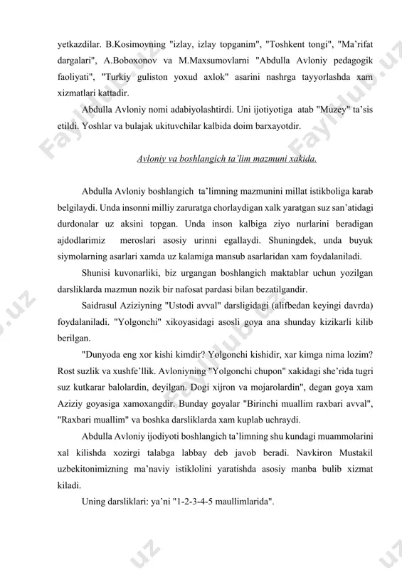 b javob beradi. navkiron mustakil uzbekitonimizning ma’naviy istiklolini yaratishda asosiy manba bulib xizmat kiladi. uning darsliklari: ya’ni "1-2-3-4-5 maullimlarida". turkiy guliston yoxud axlok - oxlok-odob turbiyasiga oid darsliklarida xam ma’naviy tarbiyaning bosh mezoni inson "gurur", "mexr"ni tarbiyalash masalalari tugri xal kilingan. abu nasr forobiy ijodiyotining bosh masalasi nufuzli inson tarbiyasi ekan, bunda insondagi kanoat uni uz murodiga yetishni ta’minlaydi. bunda inson ollox taolodan uni yaratganligi, ota-onasi uni dunyoga keltirganiga faxrlanishi kerak. bunday kilganda inson-kutarinki rux bilan yashashga, kanoatga urganadi. avloniy esa bu goyani rivojlantirib, xayotidan noliydigan noshud mexnatni uz e’tikodiga aylantirolmagan inson - tirik bulsa xam, ulikdir - deydi. xarakatchan, xayot oshigining fe’li keng, ezgulikni uzida kasb kilgan insongina xayotd mazmunli yashaydi, deydi, u. darxakikat, insonning ruxini kutarinkiligi gulshani, maskani, roxat gushasi bu uning vatanidir. vatan tuygusi abdulla avloniyning darsliklarining xar bir satrida uz aksini topgan. tugulib usdim bu vatanda vatanim misoli yuk jaxonda!... ... utar kunlar, utar zamon, ey …