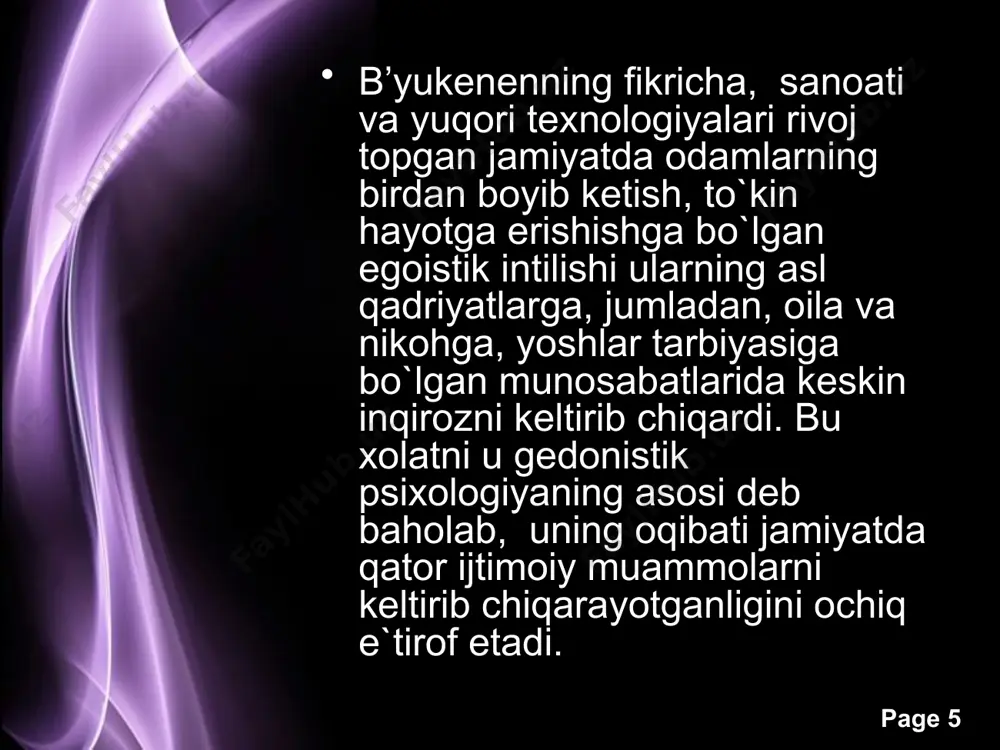 t tarixida aniq va mukammal ifodasi, tugal namunasi hali-hanuz yaratilmagan tushunchalarni o`zimizga tasavvur qilishimiz kerak, deb o`ylayman. bu tushunchalar vatan ravnaqi, yurt tinchligi, xalq farovonligi kabi yuksak g`oyalarning ma`no-mazmunini teran anglab etishga xizmat qiladi. bu mafkura xalqni xalq, millatni millat etadigan, uning sha`nu sharafi, or-nomusi, ishonch-e`tiqodini ifodalaydigan, jamiyatimizning o`ziga xos taraqqiyot yo`li, turmush tarzi, tub manfaatlariga tayangan holda muttasil rivojlanib, takomillashib boradigan g`oyalar tizimidir. page ‹#› xalqni buyuk kelajak va ulug`vor maqsadlar sari birlashtirish, mamlakatimizda yashaydigan, millati, tili va dinidan qat`i nazar, har bir fuqaroning yagona vatan baxt-saodati uchun doimo mas`uliyat sezib yashashiga chorlash, ajdodlarimizning bebaho merosi, milliy qadriyat va an`analarimizga munosib bo`lishiga erishish, yuksak fazilatli va komil insonlarni tarbiyalash, ularni yaratuvchilik ishlariga da`vat qilish, shu muqaddas zamin uchun fidoiylikni hayot mezoniga aylantirish - milliy istiqlol mafkurasining bosh maqsadidir. page ‹#› davlatimiz rahbarining ko`rsatmalari va istiqbolli g`oyalaridan kelib chiqib, hozirgi murakkab sharoitda xalqimiz, avvalo, o`sib-unib kelayotgan yosh avlodimiz ongi va …