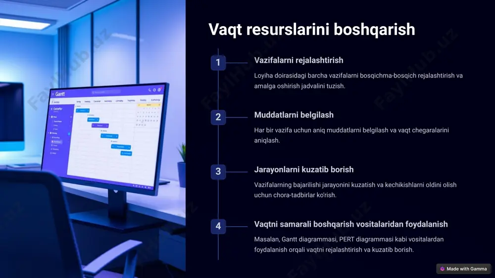 a'zolari bir-birlarining ish holatidan xabardor bo'lib turadilar, bu esa jamoada muammolarni erta aniqlash va tezkorlik bilan hal qilish imkonini beradi. pul push strategiyasi foydalari tezkor xabardorlik har bir jamoa a'zosi o'z ishidagi o'zgarishlarni darhol boshqalarga yetkazadi, bu esa loyiha doirasida tezkorlik bilan yangiliklardan xabardor bo'lish imkonini yaratadi. hamkorlikning kuchayishi o'zaro xabardorlik va mulohazalar almashinuvi natijasida jamoaviy ish samaradorligi ortadi. muammolarni erta aniqlash har bir a'zo o'z jarayonini boshqalarga tushuntirganda yoki ma'lumot yetkazganda, muammolar va kamchiliklar erta aniqlanadi va tuzatiladi. pul push strategiyasining kamchiliklari ma'lumotlarning ortiqcha yuklamasi jamoa a'zolari ko'p hollarda turli yangiliklardan xabardor bo'lishlari talab qilinadi, bu esa ortiqcha informatsion yuklama keltirib chiqarishi mumkin. e'tiborning chalg'ishi jamoa a'zolari uchun ko'p xabarlar yoki yangiliklar oqibatida asosiy vazifalardan chalg'ish ehtimoli yuzaga keladi. vaqt sarfi har bir yangilikni yetkazish va boshqalar bilan almashish ko'p vaqt talab qilishi mumkin, bu esa asosiy vazifalarga vaqt ajratishni qiyinlashtirishi mumkin. xulosa 1 resurslarni boshqarish ahamiyati resurslarni boshqarish …