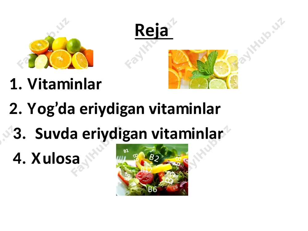 erituvchilar yog‘larda yaxshi eriydi. vitamin ultrabinafsha nurlar ta’sirida parchalanadi va havo kislorodi bilan oksidlanadi. karotindan vitamin a hosil bo‘lishi kattalarda bir yoshgacha bo‘lgan bolalarga nisbatan jadal kechadi karotinlarga boy bolgan davlat farmokopeyasiga kiritilgan o’simliklar: oddiy chetan( mevasi) - sorhus aucuparia l. jumrutsimon chakanda (chipqanoq mevasi va moyi) - hippophae rhamnoides l. dorivor kalendula (guli) --- calendula oficinalis i, oziq-ovqat manbalari vitamin a ga eng boy mahsulotlardan birinchi o‘rinda – tuxum, sariyog‘, qaymoq, hayvonlar va baliqlarning jigari; ikkinchi o‘rinda esa – sabzi, shaftoli, pomidor hamda boshqa meva va sabzavotlar turadi https://pixabay.com/ru/%d1%8f%d0%b9%d1%86%d0%be-%d0%ba%d0%be%d1%80%d0%be%d0%b1%d0%ba%d0%b8-%d1%8f%d0%b9%d1%86%d0%be-%d0%bf%d1%80%d0%be%d0%b4%d0%be%d0%b2%d0%be%d0%bb%d1%8c%d1%81%d1%82%d0%b2%d0%b5%d0%bd%d0%bd%d0%b0%d1%8f-788022/ http://www.vitamax.kharkov.ua/vitamins/d.htm tavsiya etilgan vitamin dozalariд мкг/сутки (iu/сутки) qonda vitamin a ning me’yoriy miqdori 30-70 mkg/100 ml vitamin a ning organizmda ko‘p qirrali vazifalarni bajarishi bu vazifalarni ikki guruhga ajratish mumkin: fotoresepsiya va yorug‘lik sezish jarayonlarida ishtiroki; vitaminning strukturaviy vazifalari (o‘sish, reproduksiya, hujayralarning proliferatsiyasi, ixtisoslashishi va h.k.). vitamin a erkaklarda spermatogenezni, ayollarda esa homiladorlikni me’yorda o‘tishi uchun zarurdir. vitamin a ning …