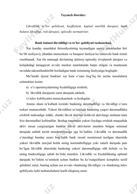 o’lgan likvidlik sharoitida bankning yukori daromadligiga olib kelishi va bu uning bankrotligiga sabab bo’lishi mumkin. likvidlik va foydalilikning optimal darajada bo’lishini ta’minlash uchun banklar bu ko’rsatgichlarni kompleks taxlil qilishlari zarur, buning uchun esa avvalo «bankning likvidligi» va «bankning tulov qobiliyati» kabi tushunchalarni kurib chiqmoq zarur. hozirgi iqtisodiy adabietlarda likvidlik va tulov kobiliyati iqtisodiy terminlari ko’pincha bir-birini o’rnini almashtirgan holda talqin etiladi. likvidlik termini moddiy qiymatliklarning va boshqa aktivlarning tezda sotilishini va pulga aylanishini ifodalaydi. bankning likvidligini shuningdek kupgina xollarda naqd mablag’larni o’zbyokiston respublikasi markaziy bankidan yoki korrespondent banklardan sotib olish kobiliyati deb kam baholashadi. to’lig’icha bank likvidligi deganda likvid aktivlarini sotish, pul mablag’larini markaziy bankdan sotib olish va aktsiyalar, obligatsiyalar, depozit va omonat sertifikatlari xamda boshqa qarz intsrumentlarini emissiyasini amalga oshirish imkoniyatlari nazarda tutiladi. to’lov kobiliyati - bu birmuncha kengrok bo’lib u faqatgina aktivlarni tezda pulga aylantirish imkoniyatlarini emas, balki tijorat bankining o’z kreditorlari - omonatchilar, banklar va davlat oldidagi …