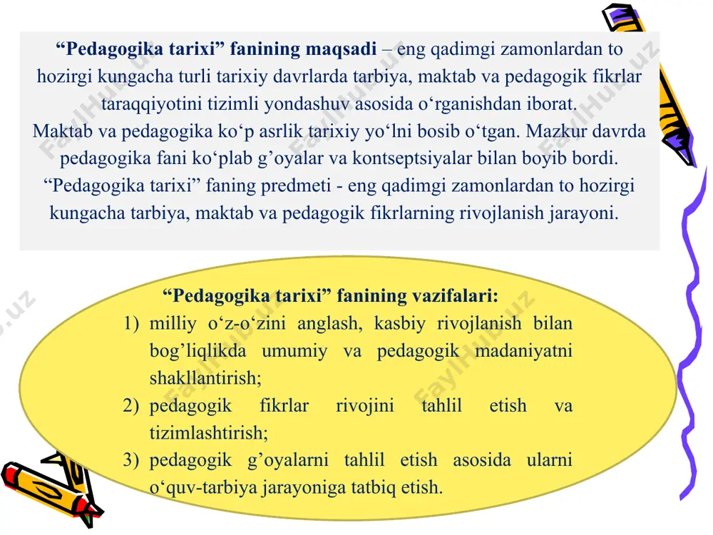 saqlanib qolgan, hatto hozirgi kunda ham ko’zga tashlanadi. 13 urug’chilik jamoasi bosqichida esa bolalar mehnatining ko’lami kengayib, kasb-hunar faoliyatining turlari ko‘payib boradi. tajribali kishilar bolalarni tarbiyalash bilan birga ularni yozishga ham o‘rgata boshlaydilar. asta-sekin harbiy tarbiyaning boshlang’ich ko‘rinishlari yuzaga kela boshlaydi. bolalarga harbiy san’at sirlarini o‘rgatish ancha murakkab ish bo’lib, ushbu tarbiyani tashkil etish maxsus bilim hamda tayyorgarlikka ega bo‘lishni taqozo etar edi. shu bois maxsus harbiy bilim va tayyorgarlikka ega bo’lgan kishilar bolalarga bu boradagi bilimlarni berish jarayoniga jalb etila boshladilar. 14 jamiyatning ijtimoiy jihatdan taraqqiy eta borishi bolalarga dalalarni o‘lchash, suv toshqinlarining oldini olish, kishilarni turli kasalliklardan davolash usullariga oid bilimlarni berishga bo’lgan ehtiyojni yuzaga keltirdi. mazkur ehtiyojni qondirish yo‘lidagi harakatning tashkil etilishi natijasida turli maktablar faoliyat yurita boshladi. maktablarda asosiy e’tibor bolalarga og’zaki bilimlar berish bilan birga ularda yozuv ko’nikmalarining shakllantirilishiga qaratildi. dastlab suratkashlik rivojlanib, piktografik xat paydo bo’lgan bo’lsa, keyinchalik qo‘shni mamlakatlardan kirib kelgan harflar yordamida …