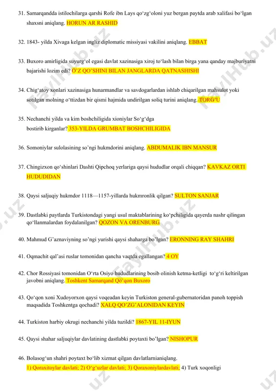iqlang. torg’u 35. nechanchi yilda va kim boshchiligida xioniylar so‘g‘dga bostirib kirganlar? 353-yilda grumbat boshchiligida 36. somoniylar sulolasining so’ngi hukmdorini aniqlang. abdumalik ibn mansur 37. chingizxon qo‘shinlari dashti qipchoq yerlariga qaysi hududlar orqali chiqqan? kavkaz orti hududidan 38. qaysi saljuqiy hukmdor 1118—1157-yillarda hukmronlik qilgan? sulton sanjar 39. dastlabki paytlarda turkistondagi yangi usul maktablarining ko‘pchiligida qayerda nashr qilingan qo‘llanmalardan foydalanilgan? qozon va orenburg 40. mahmud g’aznaviyning so’ngi yurishi qaysi shaharga bo’lgan? eronning ray shahri 41. oqmachit qal’asi ruslar tomonidan qancha vaqtda egallangan? 4 oy 42. chor rossiyasi tomonidan o‘rta osiyo hududlarining bosib olinish ketma-ketligi to‘g‘ri keltirilgan javobni aniqlang. toshkent samarqand qo‘qon buxoro 43. qo‘qon xoni xudoyorxon qaysi voqeadan keyin turkiston general-gubernatoridan panoh toppish maqsadida toshkentga qochadi? xalq qo’zg’alonidan keyin 44. turkiston harbiy okrugi nechanchi yilda tuzildi? 1867-yil 11-iyun 45. qaysi shahar saljuqiylar davlatining dastlabki poytaxti bo’lgan? nishopur 46. bolasog‘un shahri poytaxt bo‘lib xizmat qilgan davlatlarnianiqlang. 1) qoraxitoylar davlati; 2) o‘g‘uzlar davlati; …