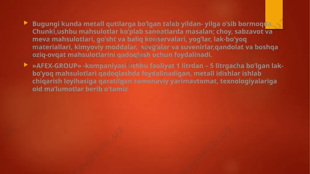 b etilganligi sababli 5 ta uskuna narxlari liniya umumiy summasida ko’rsatilgan. qopqoq aylanasini bukuvchi uskuna- markaziy qopqogni 45° li bukilgan qismini qopqog’ berkilishi va sifat darajasini osirish maqsadida qayta to’liq bukish uchun foydalinadi. chiller- havo yordamida sovitish uchun. qurilma asosan payvandlash uskunasi uchun yordamchi qurilma hisoblanadi. image6.jpeg image7.jpeg image8.jpeg image9.jpeg image10.jpeg image11.jpeg image2.png image3.png image4.png image5.png