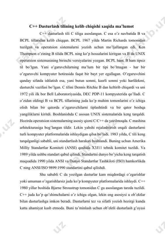 shning maqsadi tartiblash kabi ko’p qo’llaniluvchi algoritmlar va sinflar saqlanuvchi universal kutubxonalar yaratish orqali dasturlash jarayonini avtomatlashtirishdan iboratdir. shu bilan birga, bu kutubxonaga kiruvchi funksiyalar universal xarakterga ega bo’lishi, ya’ni ixtiyoriy turdagi ma’lumotlar ustida amallar bajarish imkonini berishi lozim. shablonlarga asoslangan umumlashgan dasturlashga misol stepanov va target tomonidan yaratilgan va c++ tili standartiga kiritilgan stl (standart template library) kutubxonasidir. kutubxona yadrosi uchta elementdan iborat: · konteynerlar, · algoritmlar iteratorlar. konteynerlar — bu boshqa elementlarni saqlash uchun mo’ljallangan sinflar shablonlaridir. konteynerlar asosiy xususiyati shundaki ular ixtiyoriy tipdagi elementlarni o’zida saqlash uchun mo’ljallangan. to’g’rirog’i, har bir tur uchun shablon nusxasi kerak bo’lganda, kompilyator tomonidan avtomatik tarzda yaratiladi. algoritmlar konteyner elementlari ustidan operasiyalar bajaradi. bibliotekada qidirish, saralash va almashtirish uchun algoritmlar mavjud. algoritmlar elementlar ketma_ketligi bilan ishlash uchun mo’ljallangan. algoritmlar asosiy xususiyati shuki ular ixtiyoriy konteynerlar bilan ishlay oladi. konteynerlar asosiy va hosila konteynerlarga ajratiladi. asosiy konteynerlarga quyidagilar kiradi: · vector — dinamik …