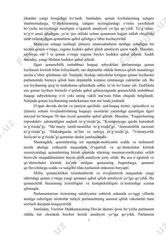 vositalari hamda ijtimoiy tarmoqlar orqali to‘g‘ridan-to‘g‘ri efirga uzatish amaliyoti yo‘lga qo‘yildi. bu esa xalqimiz, keng jamoatchilikning qonunchilik palatasida qonun loyihalarining muhokamalari va qabul qilish jarayoniga bo‘lgan qiziqishini yanada oshirmoqda. shuni alohida ta’kidlash kerakki, “elektron parlament” mexanizmlaridan samarali foydalanilishi natijasida, hatto pandemiya sharoitida ham milliy parlamentimiz bir kun ham o‘z ishini to‘xtatmadi. barcha muhokamalar va ovoz berish jarayoni onlayn tarzda o‘tkazilishi yo‘lga qo‘yildi. parlamentning qonun ijodkorligi sohasidagi ishlari ham butunlay yangi yo‘nalishda tashkil etildi. parlamentning qonun ijodkorligi faoliyatining ilmiy va ekspert-tahliliy ta’minoti mustahkamlandi va oliy majlis qonunchilik palatasi huzurida parlament tadqiqotlari instituti tashkil etildi. ta’kidlash joizki, 2018 yilda qabul qilingan norma ijodkorligi faoliyatini takomillashtirish konsepsiyasi parlamentning qonun ijodkorligi faoliyatini sifat jihatdan yangi bosqichga ko‘tardi. jumladan, qonun loyihalarining xalqaro shartnomalarga, o‘zbekistonning xalqaro reytinglardagi o‘rnini yaxshilash bo‘yicha tavsiyalarga mosligini o‘rganish amaliyoti yo‘lga qo‘yildi. to‘g‘ridan-to‘g‘ri amal qiladigan, ya’ni ijro etilishi uchun qonunosti hujjati ishlab chiqilishi talab etilmaydigan qonunlarni qabul qilishga e’tibor kuchaytirildi. muayyan sohaga …