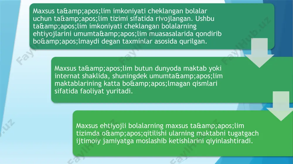 lalar (o‘zi harakat qila oladigan yoki qo‘shimcha moslamalar va nogironlik aravachasida harakatlana oladigan bolalar tserebral falaji); - intellektual rivojlanishning potensial buzilmagan imkoniyatlari bilan ruhiy rivojlanishda orqada qolgan bolalar; - hulq-atvor va ruhiyatning qo‘pol buzilishlarisiz autistik spektri buzilgan bolalar; - intellektual rivojlanishi saqlanib qolingan, tutqanoq holatida bo‘lgan bolalar (agar bola antikonvulsant dorisini qabul qilganda, tutqanoq 1 oyda 1-martadan oshmagan paytda). bola rivojlanishidagi nuqsonlarni diagnostika qilishda korrektsion ishlar tamoyillari va metodlari. rivojlanishida kamchiliklar bo’lgan bolalar maxsus, korrektsion-rivojlantiruvchi ta’lim va tarbiyaga muhtoj bo’ladilar. anomal bolalarga yondashishda u yoki bu nuqsonni aniqlash emas, balki uning xususiyati, tuzilishi, bolani tcgishli muassasaga joylashtirish, korrektsion ishlarni amalga oshirishda alohida ahamiyatga ega bo’lgan sonli va sifatli ko’rsatkichlarini aniqlash muhimdir. anomal bolalarni maxsus muassasalarda o’qitish va tarbiyalash, shuningdek, umumiy o’rta ta’lim maktablarida korrektsion- rivojlantiruvchi sinflami tashkil etish masalasi bilan psixologik-tibbiy- pedagogik komissiyalar (pmpk) shug’ullanadilar. bu borada mutaxassislaming quyidagi tamovillarga amal qilishlari maqsadga muvofiqdir: insonparvarlik tamovili har bir bola uchun …