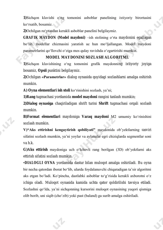 lar (tugmalar)ni olgan: a)qadam (shag) (snap) –sichqonning ma’lum qadam bilan harakatini ta’minlaydi. sozlash bajariladi: asboblar/chizmachilik parametrlari qo‘shimcha “bog’lash va setka”. qadam rejimini qo‘shish (o‘chirish) f9 funktsional klavishi orqali yoki shag (qadam) knopkasini sichqon bilan bosish orqali amalga oshiriladi. b) to‘r (grid) - rasmni aniq chiqarish, va ishni yengillashtirgan holda, ortogonal setkasining bog’larini ekranda olish imkoniyatini beradi. sozlash bajariladi: asboblar chizmachilik parametrlari qo‘shimcha “bog’lash va to‘r”. setka rejimini qo‘shish (o‘chirish) f7 funksional klavishi yoki sichqon bilan setka tugmasini bosib amalga oshiriladi. v) orto (ortho) – chiziq chizish ortogonal rejimini qo‘shadi (o‘chiradi). g) polyar (polar) –chizishning polyar rejimini qo‘shadi (o‘chiradi), ya’ni dastur avtomatik ravishda trassirovkali turlar holida ob’yektlar chizmasi yo‘nalishni va burchagini ko‘rsatib beradi. sozlash bajariladi: asboblar/chizmachilik parametrlari qo‘shimcha “bog’lash va setka”. polyarnaya trassirovka rejimini qo‘shish (o‘chirish) f10 funksional klavishi yoki sichqonni polyar tugmasiga bosish orqali bajariladi. d)virv (osnap)–ob’yektli bog’lash (ob’yektlarni tekislash), ayrim nuqtalarni ko‘rsatish imkonini (ya’ni masalan, kesma va yoy o‘rtasi, …