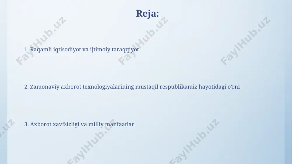 itning ahamiyati it texnologiyalari orqali onlayn ta'lim platformalari va masofaviy ishlash imkoniyatlari orqali 2022 yilda 15% ga yaqin ishsizlikni kamaytirishga yordam berdi. sun'iy intellekt va big data tahlillari orqali ish bozorining talab va taklifini aniqlash va 10% ga yaqin malaka oshirish kurslarining samaradorligini oshirish mumkin. kelajakdagi istiqbollar va yangi texnologiyalar kvant kompyuterlari kelajakda murakkab muammolarni, masalan, yangi materiallarni yaratishni yoki iqlim o'zgarishlarini bashorat qilishni tez va aniq hal qilish imkonini beradi, bu esa milliy iqtisodiyotga kattta hissa qo'shadi. blokcheyn texnologiyasi davlat idoralarining shaffofligini oshirib, korrupsiyani kamaytirishga yordam beradi, bu orqali 2030 yilga kelib byudjet samaradorligini 15% ga oshirish mumkin. qishloq xo'jaligida zamonaviy texnologiyalar dronlardan foydalanib, 100 gektardan ortiq maydonni 1 soat ichida tekshirib, zararkunandalar yoki kasalliklarni aniqlash va tegishli choralarni ko'rish mumkin. qishloq xo'jaligi mahsulotlarini gps-navigatsiya va logistika dasturlari yordamida samarali tarqatish orqali, transport xarajatlarini 10-15% gacha qisqartirish mumkin. savdo va xizmat ko'rsatish sohasida itning qo'llanilishi crm tizimlari mijozlar bilan …