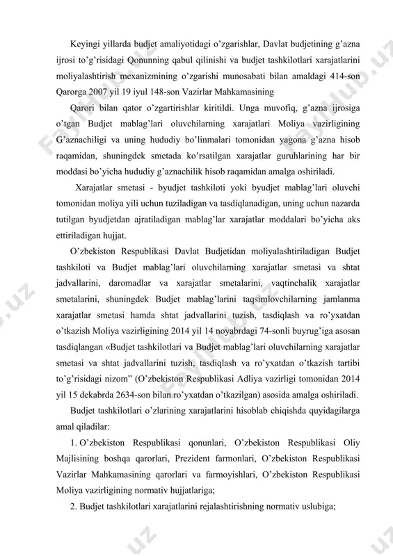 liy majlisining boshqa qarorlari, prezident farmonlari, o’zbekiston respublikasi vazirlar mahkamasining qarorlari va farmoyishlari, o’zbekiston respublikasi moliya vazirligining normativ hujjatlariga; 2. budjet tashkilotlari xarajatlarini rejalashtirishning normativ uslubiga; 3. tovar va xizmatlarning davlat tomonidan tartibga solinadigan baholari va tariflariga, shuningdek nodavlat korxonalar va tashkilotlarning ayrim tovarlari va xizmatlari baholariga; 4. yuqori turuvchi tashkilotlar raxbarlarining o’zlari tasarrufidagi muassasalarning kelgusi yil uchun xarajatlar smetalarini tuzish masalalari bo’yicha ko’rsatmalari va takliflariga, agarda ular qonun xujjatlariga zid bo’lmasa, 5. bolalar va boshqa ijtimoiy-madaniy tashkilotlarda ovqatlanishga ketadigan xarajatlar summasi qonun hujjatlari bilan tasdiqdangan tashkilotlarning ayrim turlari uchun belgilangan ovqatlanish me’yorlari ovqatlanish kunining sonidan kelib chiqib hisoblanadi; 6. dori-darmonlarga ketadigan xarajatlar summasi qonun xujjatlari bilan belgilangan pul xarajatlari me’yoriga qarab hisoblab chiqiladi; 7. ijtimoiy-madaniy tashkilotlarning ayrim guruhi uchun kiyim-kechak, poyafzal, choyshab, yotoq anjomlari va boshqa yumshoq buyumlar sotib olishga ketadigan xarajatlar, moddiy ta’minotning amaldagi me’yorlari asosida, lekin ajratilgan mablag’lar doirasida hisoblanadi. 1-rasm. budjet tashkilotlari xarajatlar smetalarining guruhlanishi vaqtinchalik …