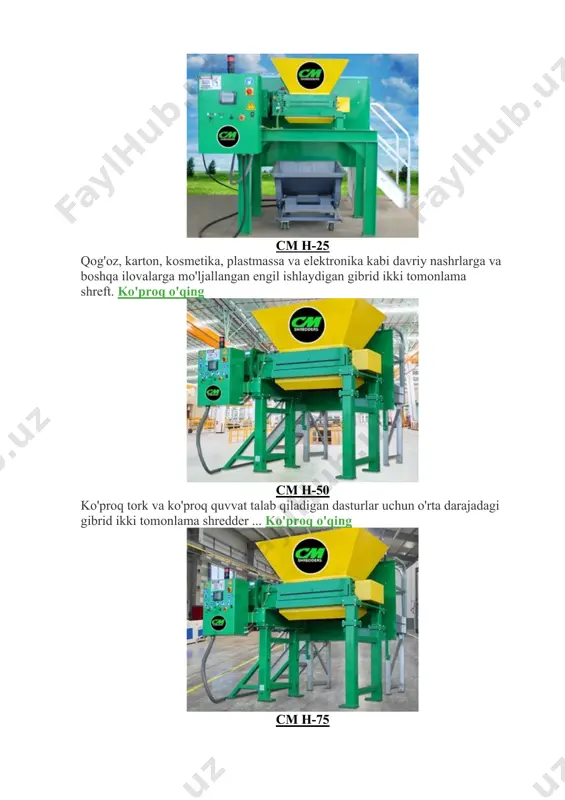 digan dasturlar uchun o'rta darajadagi gibrid ikki tomonlama shredder ... ko'proq o'qing cm h-75 ko'p miqdordagi umumiy axlat, elektronika, karton va metall qotishmalari uchun juda mos keladigan o'rta darajali ikki valli gibrid shredder ... ko'proq o'qing cm h-150 yuqori momentli va materiallarni qisqartirishni talab qiladigan dasturlar uchun o'rta og'irlikdagi ikki qirrali gibrid plastik shredder ... ko'proq o'qing cm h-250 katta hajmdagi ishlarga juda mos keladigan og'ir ishlaydigan gibrid ikki valli shredder 250 ot kuchiga ega bo'lib, eng og'ir ishlarni bajarishga qodir ... ko'proq o'qing cm h-250l og'ir yukli gibrid ikki o'qli maydalagich h-250 bilan bir xil xususiyatlarga ega bo'lib, katta hajmdagi buyumlarni yuqori darajada ishlab chiqarish uchun qirqish maydoni kattaroq… ko'proq o'qing cm solo 30 solo 30 bitta valli silliqlash maydalagichlari engil ishlaydigan dasturlarda zarrachalarning doimiy va aniq hajmini ta'minlash uchun mo'ljallangan. ko'proq o'qing cm solo 40 cm solo 40 maydalagichlari cm ning dunyoga taniqli maydalash texnologiyasi bilan almashtiriladigan o'lchov …