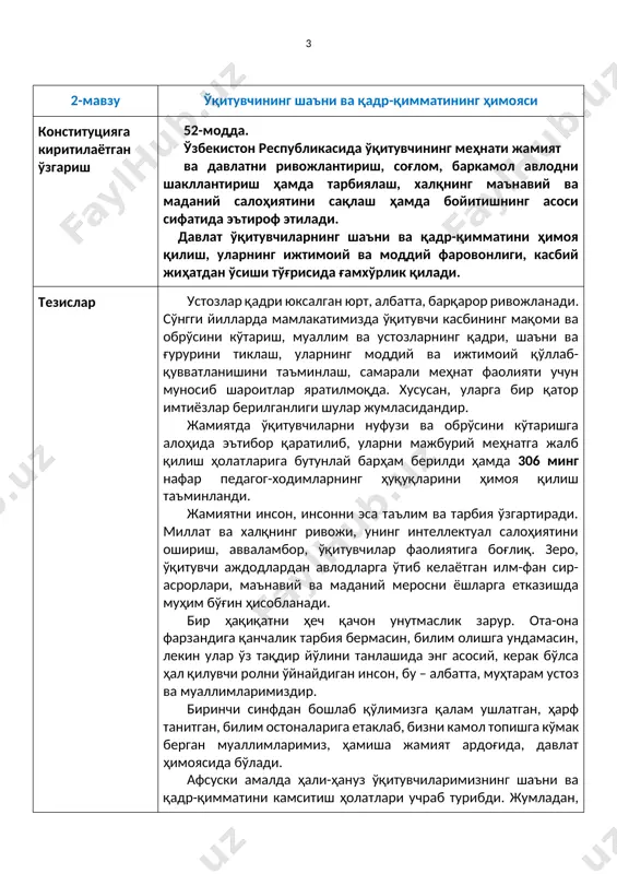 ри, маънавий ва маданий меросни ёшларга етказишда муҳим бўғин ҳисобланади. бир ҳақиқатни ҳеч қачон унутмаслик зарур. ота-она фарзандига қанчалик тарбия бермасин, билим олишга ундамасин, лекин улар ўз тақдир йўлини танлашида энг асосий, керак бўлса ҳал қилувчи ролни ўйнайдиган инсон, бу – албатта, муҳтарам устоз ва муаллимларимиздир. биринчи синфдан бошлаб қўлимизга қалам ушлатган, ҳарф танитган, билим остоналарига етаклаб, бизни камол топишга кўмак берган муаллимларимиз, ҳамиша жамият ардоғида, давлат ҳимоясида бўлади. афсуски амалда ҳали-ҳануз ўқитувчиларимизнинг шаъни ва қадр-қимматини камситиш ҳолатлари учраб турибди. жумладан, ўқувчиларни таълимга ва тарбияга чақирган ўқитувчиларни ота-оналар томонидан таҳқирлаш ҳолатлари кузатиляпти. ахир ўқитувчи нафақат таълим беради, у шу билан бирга болага тарбия ҳам беради. уни ўқишга ундайди. ўқитувчи болага таълим ва тарбия беришга умрини сарфлайди. ўқитувчиларнинг ижтимоий ва моддий шароитлари амалда етарли, деб бўлмайди. келажакда болаларимиз етарли билим ва тарбия олишлари учун ўқитувчиларимизга тегишли шарт-шароитлар яратишимиз лозим. уларнинг шаъни ва қадр-қимматини конституция билан ҳимоялашни йўлга қўйишимиз лозим. ҳар биримизнинг …