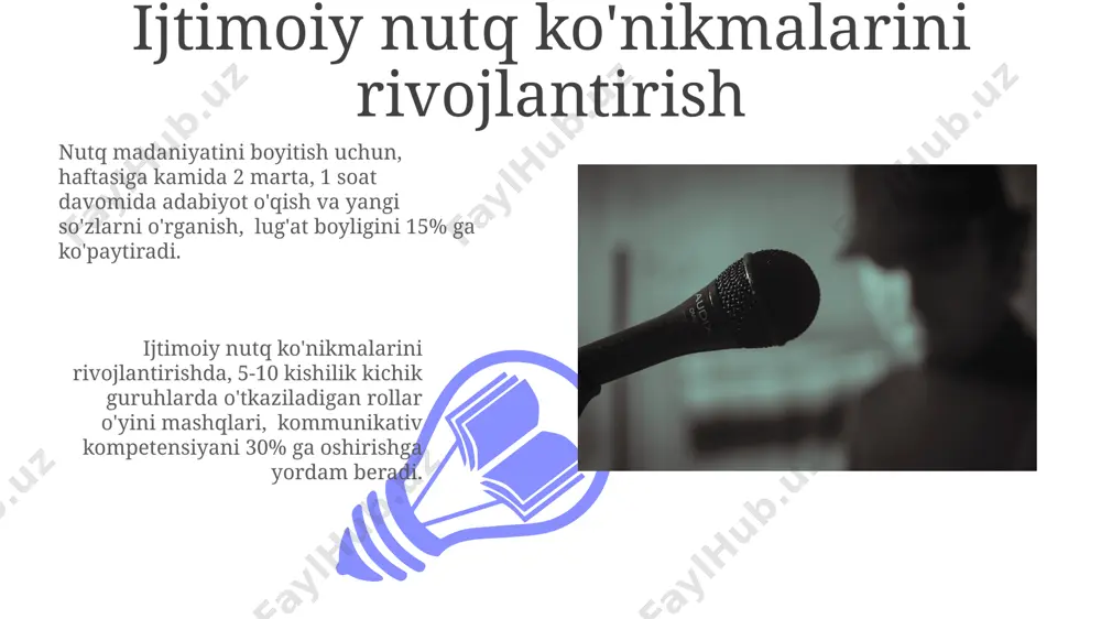 ashqlari, jumladan, tilning 10 ta har xil holatini bajarish, so'zlarni aniq va ravshan talaffuz qilishga yordam beradi. to'g'ri nafas olish mashqlari 01 02 ovoz simlarini himoya qilish va nafasni to'g'ri boshqarish uchun kuniga 2-3 marta, 10-15 daqiqalik diafragma nafas olish mashqlari kompleksini bajarish tavsiya etiladi, bu esa nutq sifati va aniqligini yaxshilaydi. sales 1st qtr 2nd qtr 100 0 sales 1st qtr 2nd qtr 100 0 e'tiboringiz uchun rahmat @taqdimot_robot image4.jpg image5.jpg image6.jpg image7.jpg image8.jpg image9.jpg image10.jpg image11.jpg image12.jpg image13.jpg image14.jpg image15.jpg image1.jpeg image2.jpeg image3.jpeg