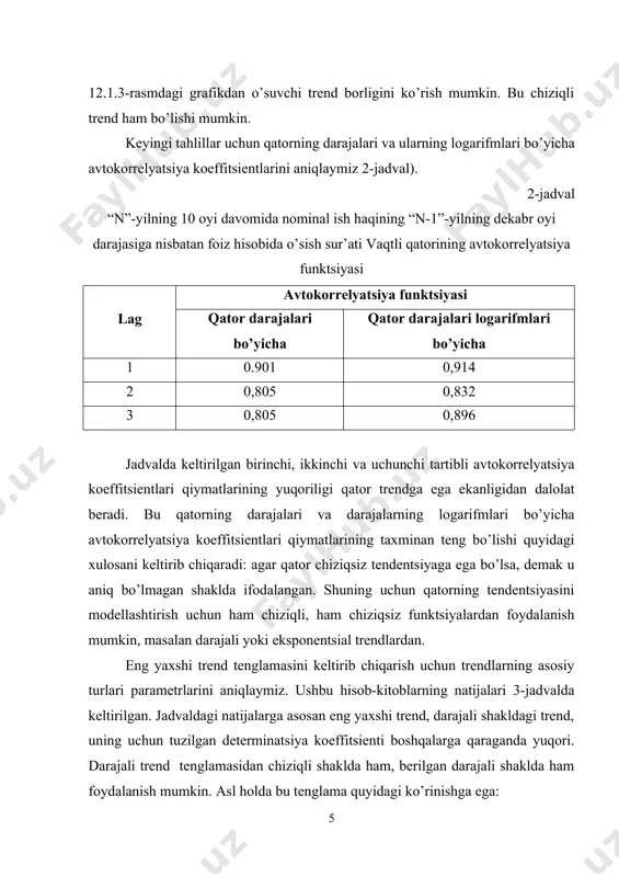 chiziqli trendning parametrlari hususiyatlaridan kelib chiqqan holda qatorning har bir keyingi darajasi oldingi daraja bilan o’rtacha mutloq zanjirsimon o’sish yig’indisidan iboratligini e’tiborga oladigan bo’lsak quyidagini yozish mumkin: chiziqli trend grafigi 12.1.3-rasmda keltirilgan. shu tariqa vaqtli qatorlar tendentsiyasini modellashtirish mumkin. 2. mavsumiy va tsiklik tebranishlarni modellashtirish vaqtli qatorning additiv va multiplikativ modeli. mavsumiy yoki tsiklik tebranishga ega bo’lgan vaqtli qatorlar strukturasini tahlil qilishga bir qancha yondoshuvlar mavjud. eng sodda yondoshuv – bu mavsumiy komponentalar qiymatini sirg’anchiq o’rtacha usuli bilan hisoblash va vaqtli qatorning additiv yoki multiplikativ modelini tuzishdan iborat. additiv model quyidagi umumiy ko’rinishga ega: . (1) bu modelda vaqtli qatorning har bir darajasi trend (t), mavsumiy (s) va tasodifiy (e) komponentalar yig’indisidan tashkil topadi deb qaraladi. multiplikativ model quyidagi umumiy ko’rinishga ega: . 2) bu model vaqtli qatorning har bir darajasi trend (t), masumiy (s) va tasodifiy (e) komponentalar ko’paytmasidan iborat deb qaraladi. ikkala modeldan birini tanlash masumiy tebranishning strukturasini …