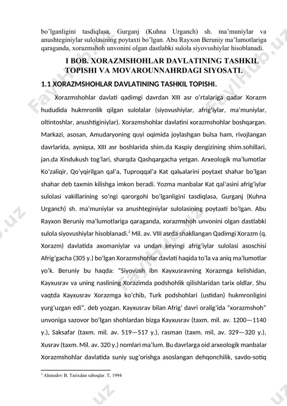 tintoshlar, anushtiginiylar). xorazmshohlar davlatini xorazmshohlar boshqargan. markazi, asosan, amudaryoning quyi oqimida joylashgan bulsa ham, rivojlangan davrlarida, ayniqsa, xiii asr boshlarida shim.da kaspiy dengizining shim.sohillari, jan.da xindukush tog’lari, sharqda qashqargacha yetgan. arxeologik ma’lumotlar ko’zaliqir, qo’yqirilgan qal’a, tuproqqal’a kat qalьalarini poytaxt shahar bo’lgan shahar deb taxmin kilishga imkon beradi. yozma manbalar kat qal’asini afrig’iylar sulolasi vakillarining so’ngi qarorgohi bo’lganligini tasdiqlasa, gurganj (kuhna urganch) sh. ma’muniylar va anushteginiylar sulolasining poytaxti bo’lgan. abu rayxon beruniy ma’lumotlariga qaraganda, xorazmshoh unvonini olgan dastlabki sulola siyovushiylar hisoblanadi.[footnoteref:3] mil. av. viii asrda shakllangan qadimgi xorazm (q. xorazm) davlatida axomaniylar va undan keyingi afrig’iylar sulolasi asoschisi afrig’gacha (305 y.) bo’lgan xorazmshohlar davlati haqida to’la va aniq ma’lumotlar yo’k. beruniy bu haqda: “siyovush ibn kayxusravning xorazmga kelishidan, kayxusrav va uning naslining xorazimda podshohlik qilishlaridan tarix oldlar. shu vaqtda kayxusrav xorazmga ko’chib, turk podshohlari (ustidan) hukmronligini yurg’uzgan edi”, deb yozgan. kayxusrav bilan afrig’ davri oralig’ida “xorazmshoh” unvoniga sazovor bo’lgan shohlardan bizga …