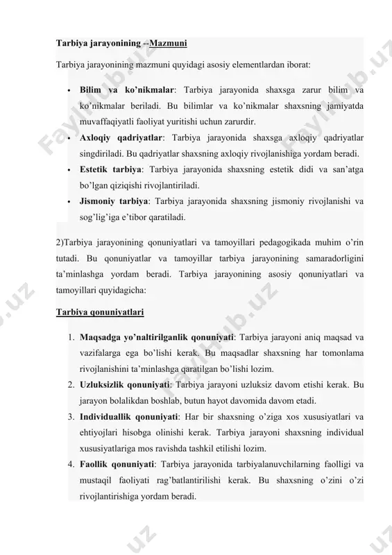 nuniyati: tarbiya jarayoni aniq maqsad va vazifalarga ega bo’lishi kerak. bu maqsadlar shaxsning har tomonlama rivojlanishini ta’minlashga qaratilgan bo’lishi lozim. 2. uzluksizlik qonuniyati: tarbiya jarayoni uzluksiz davom etishi kerak. bu jarayon bolalikdan boshlab, butun hayot davomida davom etadi. 3. individuallik qonuniyati: har bir shaxsning o’ziga xos xususiyatlari va ehtiyojlari hisobga olinishi kerak. tarbiya jarayoni shaxsning individual xususiyatlariga mos ravishda tashkil etilishi lozim. 4. faollik qonuniyati: tarbiya jarayonida tarbiyalanuvchilarning faolligi va mustaqil faoliyati rag’batlantirilishi kerak. bu shaxsning o’zini o’zi rivojlantirishiga yordam beradi. tarbiya tamoyillari 1. ilmiylik tamoyili: tarbiya jarayoni ilmiy asoslangan bo’lishi kerak. bu tamoyil tarbiya jarayonida ilmiy bilimlar va usullarni qo’llashni talab qiladi. 2. sistemalilik tamoyili: tarbiya jarayoni tizimli ravishda tashkil etilishi kerak. bu tamoyil tarbiya jarayonining barcha bosqichlari va elementlari o’zaro bog’liq va izchil bo’lishini ta’minlaydi. 3. hayot bilan bog’liqlik tamoyili: tarbiya jarayoni hayotiy voqeliklar va amaliyot bilan bog’liq bo’lishi kerak. bu tamoyil tarbiya jarayonida hayotiy tajribalarni qo’llashni talab …