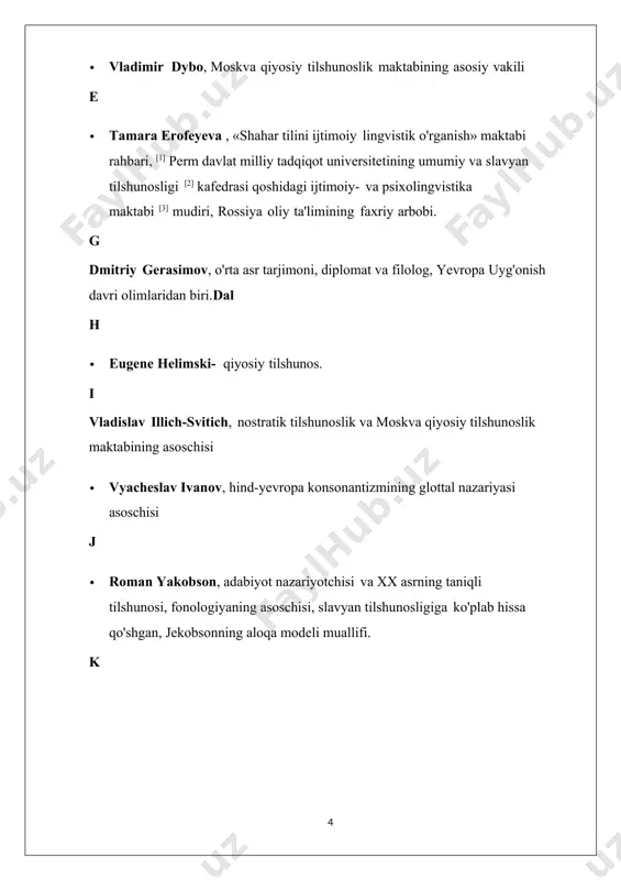 mifologiyasining yirik tadqiqotchisi · tatyana proskuryakova, mayyachi olim va arxeolog, qadimgi mayya yozuvini shifrlagan. r[tahrir | manbasini tahrirlash] trubetzkoy · jorj de rerich, 20-asrning yirik tibetologi s[tahrir | manbasini tahrirlash] · frans anton schiefner , taniqli tibetolog, fin va kavkaz tillari tadqiqotchisi · isaak yakob shmidt, mo'g'ul tilining birinchi tadqiqotchisi · aleksey shaxmatov, matnshunoslik asoschisi, 20-asr rus orfografiyasining yirik islohotlarini tayyorladi, qadimgi rus va o'rta asr rus adabiyotini tizimli tadqiq qilishda kashshof bo'ldi. · lev shcherba, fonetolog va fonolog, glokaya kuzdra iborasining muallifi · indolog fyodor shcherbatskoy g'arbda buddist falsafasini ilmiy o'rganishni boshladi. · vitaliy shevoroshkin, uzoq masofali qiyosiy tilshunos · ivan snegiryov, rus maqollarining dastlabki yig'uvchisi va lubok nashri tadqiqotchisi · ljubov sova (aksenova), strukturaviy tilshunos va afrikashunos, analitik tilshunoslik muallifi · 19-asrning etakchi slavyanchi izmail sreznevskiy codex zographensis , codex marianus va kiev fragmentlarini nashr etdi. · georgiy starostin, sergey starostinning o'g'li va uzoq muddatli qiyosiy tilshunos tadqiqotchi …