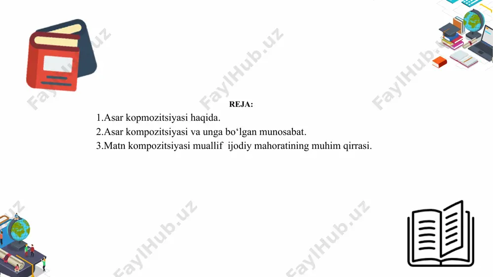 ntiqiy to‘g'ri ketma-ketligi, ularning mutanosibligi, izchilligi, bo‘ysunishidir. kompozitsiyani baholashga tizimli yondashuv asarni uning quyi tizimlari, tarkibiy qismlari va elementlari va ular o‘rtasidagi tegishli munosabatlar bilan tizimli shakllanish sifatida ko‘rib chiqishni talab qiladi. tizimli ta'limda qismlar o‘rtasidagi bog'liqlik shunday bo‘ladiki, hatto eng kichik qismlarga tegishli har qanday o‘zgarishlar butunning o‘zgarishiga olib keladi. ishning umumiy tuzilishini tahlil qilishni quyidagicha ko‘rsatish mumkin: mantiqiy bo‘linish qoidalaridan foydalangan holda, eng kichik sarlavhalargacha bo‘lgan ishning tuzilmani tashkil etuvchi qismlarini aniqlash; tanlangan qismlar orasidagi haqiqiy mantiqiy munosabatlarni aniqlash; ekvivalent va bo‘ysunuvchi qismlarni joylashtirish tartibini belgilash. asar qurilishini o‘rganish uchun asos bo‘luvchi tahlil, maxsus mavzu va lingvo-stilistik tahlil bilan bog'liq bo‘lgan rasmiy mantiqiy tahlildir. asar qurilishi esa mavzu va muammo-tematik rejaning qismlari va ishning barcha elementlarini qamrab oladi. matnni sintaksis va tinish belgilari nuqtai nazaridan tahlil qilish muallif gaplarining mazmunini tushunishga va matnning qaysidir ma’noda bir xil bo‘lgan qismlarini topishga imkon beradi. fragmentlarni ma'lum nutq tuzilmalariga mansubligi bo‘yicha …