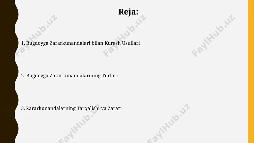 ng tez o'sishiga olib keladi. don qo'ng'izi (sitotroga cerealella) don qo'ng'izi lichinkalari bug'doy donalarini ichidan 2-3 hafta davomida yeydi, bu davrda ular 5 ta pupan davrini o'tkazadilar va shu vaqt ichida donaning 30-50% zarar yetkazadilar. don qo'ng'izining tarqalishi, asosan, ifloslangan bug'doy omborlaridan va transport vositalaridan sodir bo'ladi, natijada bir yilda 2-3 avlod hosil qilishi mumkin. bug'doy so'qmoq kechi (agrotis segetum) bir mavsumda agrotis segetum 1-2 avlod beradi, har bir urg'ochi 500-1500 dona tuxum qo'yadi, bu esa ularning tez ko'payishiga va hosilga katta zarar yetkazishiga sabab bo'ladi. agrotis segetum lichinkalari tuproqda 20-30 sm chuqurlikda qishlaydi va bahorda o'simliklarning ildizlarini 10-15 kun ichida yeb, zarar yetkazadilar. zararkunandalarga qarshi kurash usullari zararkunandalarga chidamli navlarni ekish, kimyoviy preparatlardan foydalanish ehtiyojini 50% gacha kamaytirib, hosildorlikni oshirishga yordam beradi. zararkunandalarning 30% ga yaqini biologik usullar, masalan, foydali hasharotlar yordamida, samarali nazorat qilinadi, bu esa kimyoviy vositalar ishlatilishini kamaytiradi. bugdoy hosilini saqlash bugdoy hosilini saqlashda 10-15% gacha …