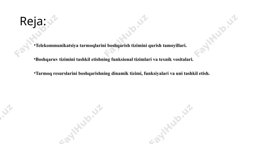 da biznesni boshqarish. 1 – rasm. boshqaruv tizimi qismlari va funksional sohalari. administrativ boshqaruv tizimi modellari. administrativ boshqaruv tizimi, tushunchasi. itu-t,ietf (internet), ieee tashkilotlari tomonidan tavsiya etilgan administrativ boshqaruv tamoyillari. boshqaruv tizimda axborot almashish tamoyillari. boshqaruv tizimining pog’onali modeli tushunchasi. boshqaruv tizimlar bo’yicha xalqaro standartlari, osi va internet standartlari ta’rifi. boshqaruvning funktsional sohalari. osi tarmoq boshqaruvining pog’onali arxitekturasi. internet boshqaruvining pog’onali arxitekturasi. ieee lan/man standartlari arxitekturasi ta’rifi. internet tarmoqlarni boshqarish tizimlari. internet tarmog’ini boshqarish modeli. snmp protokoli, asosiy vazifalari va xususiyatlari. ngn tarmog’i boshqarish tizimining tashkil etilishi. softswitch arxitekturasi ta’rifi. boshqaruv protokollari. ip-telefoniya tarmoqlari uchun boshqarishni amalga oshirish. sip asosida boshqaruv tizimi tuzilishi va asosiy bajariladigan azifalari. 2- rasm. xizmatlarni boshqarish tizimlarining strukturaviy-funksional modeli yuqorida aytilganlarni hisobga olgan holda tarmoq boshqaruv tizimida quyidagi avtonom funksional tizimostilar mavjud (1 va 2- rasmga qarang): -tarmoq resurslarini dinamik boshqarish tizimi; -texnik xizmat ko’rsatish tizimi; -ma’muriy boshqaruv tizimi. tizimostilarning texnik bazasi quyidagilardir: - tarmoq …