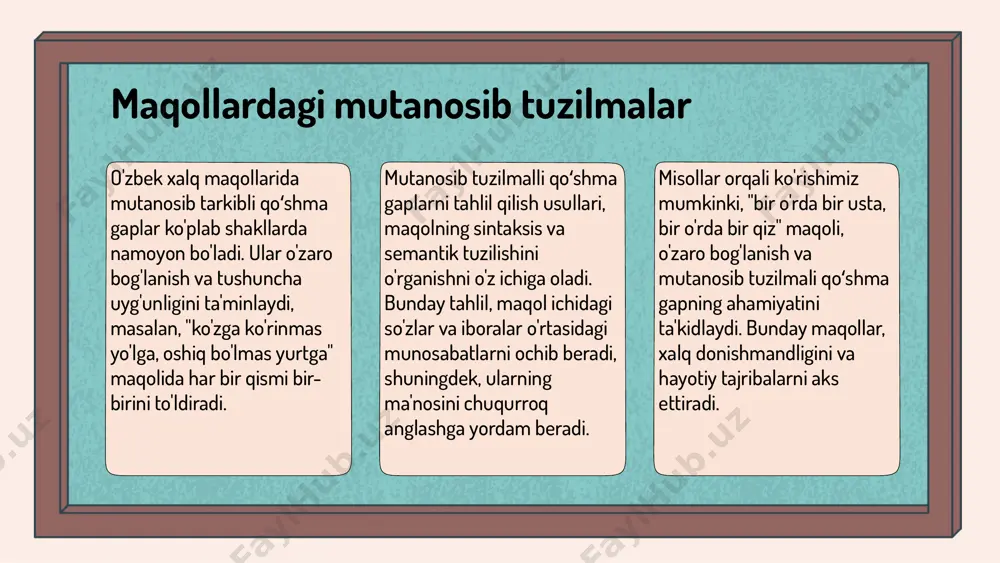 odalanadi, bu esa kelajak avlodlar uchun muhim merosdir. mutanosib tarkibli qoʻshma gaplalarning o'rganilishi mutanosib tuzilmalarni o'rganish, xalq maqollarini yanada chuqurroq tushunishga yordam beradi. ushbu tuzilmalar orqali an'anaviy fikrlash usullari va madaniyatimizni anglashimiz mumkin. xususan, mutanosib tuzilmalar maqollarda qat'iylik va izchillikni ta'minlaydi, bu esa ularning ta'sirini yanada oshiradi. o'zbek adabiyotida mutanosib tuzilmalar ko'plab maqollarda uchraydi. misol uchun, 'bir og'iz so'z, mingta fikr' maqolida mutanosib tuzilma mavjud bo'lib, bu orqali bir so'zning qanchalik kuchli bo'lishi ifodalanadi. bunday misollar ilmiy tadqiqotlarda o'rganilib, o'zbek tilining boyligini ko'rsatadi. tahlil qilish metodlari - mutanosib tarkiblarni o'rganish uchun foydalaniladigan tahlil metodlari: - lingvistik tahlil: bu metod tilning asosiy qoidalari va tuzilmalarini o'rganish uchun qo'llaniladi. lingvistik tahlil yordamida maqollardagi sintaktik va semantik munosabatlar tahlil qilinadi. - madaniy tahlil: ijtimoiy kontekstda madaniy tahlil maqollarning tarixi, an'analari va ularning jamiyatdagi ahamiyatini aniqlashda muhimdir. bu tahlil orqali maqollarning madaniy kontekstdagi roli va ularning xalqqa ta'siri o'rganiladi. xalq maqollaridagi misollar xalq maqollari …