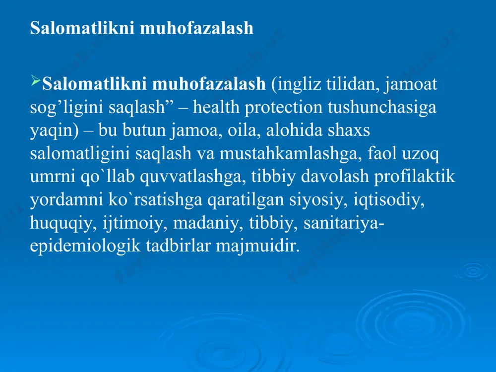 ofilaktik chora-tadbirlarning ustivorligi 4. fuqarolar sog’ligini ijtimoiy rioya qilish 5. tibbiyot faning amaliyot bilan birligi. sog’liqni saqlashni tashkil etishning asosiy prinsiplari. o`zbekistonda fuqarolar sog’ligini saqlash tizimini rivojlantirish respublikamizning o`ziga xos ijtimoiy-iqtisodiy, ijtimoiy geografik, demografik, kasallanish sanitariya-epidemiologik jixatlarini e`tiborga olgan holda olib borilmoqda. aholiga tibbiy xizmat ko`rsatish tizimi quyidagilarni ta`minlaydi: - aholini tibbiy yordamiga bo`lgan extiyojini qondirish; - aholiga tibbiy xizmat ko`rsatishda davlat grantlarini bajarilishini; - tibbiy yordam olish sharoitini; - tibbiy xizmat sifatini kafolatlaydi; - sog’liqni saqlash resurslaridan unumli foydalanish; - davlat granti doirasida zamonaviy tibbiy xizmatni tashkil etish. o`zbekiston respublikasi sog’liqni saqlash vazirligining 30.03.2001 yildagi 129-sonli buyrug’iga muvofiq bu muassasalar quyidagilarga bo`linadi: i. davolash-profilaktik muassasalar quyidagilarni qamrab oladi: 1.1.kasalxonalar (respublika, shahar, tuman markaziy kasalxonalari, qishloqdagi uchastka kasalxonalari, oliy o`quv yurtlari va ilmiy tekshirish institutlari klinikalari). 1.2.ixtisoslashgan kasalxonalar (respublika kattalar va bolalar yuqumli hamda sil kasalliklari kasalxonalari,aqli zaiflar uchun, narkologiya va boshqa kasalxonalar). 1.3.dispanserlar (silga qarshi, teri-tanosil, kardiologiya,onkologiya, ,ruhiy asab, …