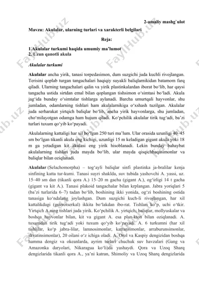 akulalar, ularning turlari va xarakterli belgilari — DOCX