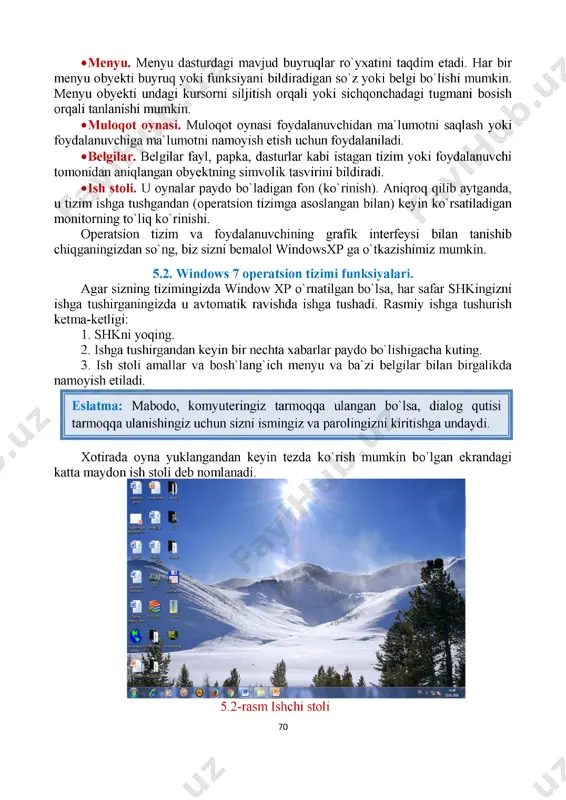 a ko'chirish uchun obyekt ustiga chap tugmani bosgan holda strelkani o'sha joyga olib borib qo'yib yuboring ekrandagi obyektni siljitish uchun. 5. o'ng tugmani bosish o'ng tugmani bosing va qo'yib yuboring kontekst menyuni chiqarish uchun. bu bo'limda biz, operatsion tizimga (windows xp)ga asoslangan foydalanuvchining grafik interfeysi (gui)ni muhokama qilamiz. windows xpga o'tishdan oldin biz gui bilan bog'liq ba'zi atamalarga qisqacha to'xtalib o'tamiz: • ko'rsatuvchi qurilmalar. ko'rsatuvchi qurilmalar foydalanuvchiga ekranning turli qismlarini ko'rsatish imkonini beradi. ular buyruqlar ro'yxatidan bittasini tanlashda foydalaniladi. ular shuningdek, ekrandagi obyektlarni boshqarishda foydalaniladi (tanlash yoki ekran atrofida obyektlarni siljitish kabi). sichqoncha eng mashhur ko'rsatuvchi qurilma; yorug'lik ruchkasi, joystik va o'shalar qatoridagi sezuvchi ekran. •oyna. ekran bir qancha mustaqil bo'laklarga bo'linganda ularning har biri oyna hisoblanadi. bir qancha dasturlar natijalarini turli oynalarda bir vaqtda ko'rsatish mumkin. foydalanuvchi bir dasturdan ikkinchi dasturga o'tishi yoki dasturlar o'rtasida ma'lumotlarni almashishi mumkin. 69 • menyu. menyu dasturdagi mavjud buyruqlar ro'yxatini taqdim etadi. har …