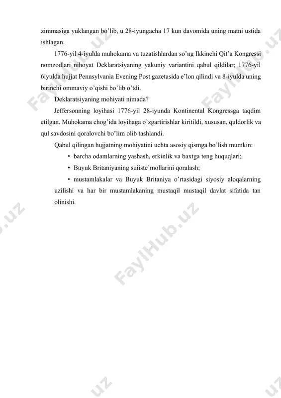 , nyu-york, nyu-jersi, pensilvaniya, delaver, virjiniya, merilend, shimoliy karolina, janubiy karolina va jorjiya tomonidan imzolangan. tomas jefferson – (1743-yil 13-aprel, virjiniya koloniyasi, - 1826-yil 4-iyul, virjiniya, aqsh) qo’shma shtatlarning uchinchi prezidenti, amerika millatining asoschisi, mustaqillik deklaratsiyasi muallifi. bo’lajak siyosatchi 1743-yil 13-aprelda o’sha paytda mustamlaka hisoblangan virjiniya shtatining shaduell shahrida nufuzli plantatorlar oilasida tug’ilgan. otasi piter jeffersonning ajdodlari angliyaning uels grafligidan edi. onasi jeyn rendolf kontinental kongressning birinchi raisi bilan yaqin qarindosh edi. 41-rasm tomas jefferson jefferson aqshning birinchi konstitutsiyasini tanqid qildi, unda mamlakat prezidentligiga bir kishini saylash muddatlari soni cheklamagan edi, bu hukmdorni mohiyatan cheksiz monarxga aylantirardi. jefferson yirik sanoat ishlab chiqarishining o’sishida xalqning qashshoqlashishi uchun sababdeb bildi. siyosatchi kuchli iqtisodiyotning asosi erkin xususiy fermer xo’jaliklari jamiyati ekanligiga amin edi. inson erkinliklari nafaqat uning hayoti va mulkiga, balki o’z fikrini ochiq aytish huquqiga ham taalluqlidir. xalqning ma’rifatli bo’lishi erkin fuqarolik jamiyatining asosidir. shunday ekan, har bir fuqaro bilim olish huquqiga …