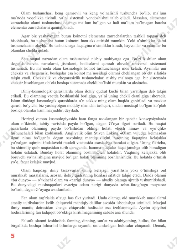 asida ham fanga asoslangan bir qancha konsepsiyalarda olam o’tkinchi, tabiiy ravishda paydo bo’lgan, degan g’oya ilgari suriladi. bu nuqtai nazarlarda olamning paydo bo’lishidan oldingi holati «hech nima» va «yo’qlik» tushunchalari bilan izohlanadi. angliyalik olim stiven loking «olam vujudga kelmasdan ilgari nima bo’lgan?» degan savolning mantiqsizligini, vaqtning faqatgina kelajakka yo’nalgan oqimini ifodalovchi modeli vositasida asoslashga harakat qilgan. uning fikricha, bu shimoliy qutb nuqtasidan turib qaraganda, hamma nuqtalar faqat janubga olib boradigan holatni eslatadi. bunday holat olamning boshlanqich holatidir. vaqtning kelajakka olib boruvchi yo’nalishigina mavjud bo’lgan holati olamning boshlanishidir. bu holatda o’tmish yo’q, faqat kelajak mavjud. olam haqidagi diniy tasavvurlar uning kelajagi, yaratilishi yoki o’tmishiga oid murakkab masalalarni, asosan, ilohiy qudratning hosilasi sifatida talqin etadi. dinda olamni «bu dunyo» — o’tkinchi olam va «narigi dunyo» — abadiy olamga ajratib tushuntirishadi. bu dunyodagi mashaqqatlari evaziga odam narigi dunyoda rohat-farog’atga muyassar bo’ladi, degan g’oyaga asoslaniladi. fan olam tug’risida o’ziga hos fikr yuritadi. unda olamga …