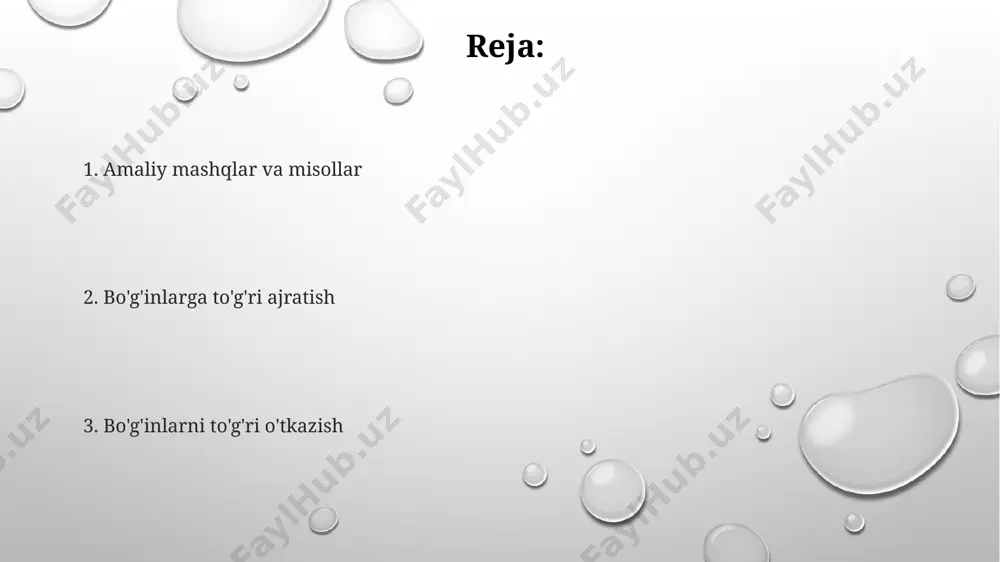 hgan. “amaliy mashqlar” so‘zining bo‘g‘inlarini to‘g‘ri uzatishda, masalan, matn terish dasturlari (masalan, microsoft word) avtomatik ravishda to‘g‘ri bo‘g‘inlashni taklif qiladi. bunday dasturlar 10 dan ortiq tilni qo‘llab-quvvatlaydi. bo'g'inlarni to'g'ri o'tkazish o'zbek tilida bo'g'inlarni to'g'ri o'tkazishda 2 ta asosiy usul qo'llaniladi: birinchi usul – harflarning talaffuziga asoslangan bo'g'in ajratish (masalan, "samarqand" so'zini "sa-mar-qand" deb ajratish), ikkinchisi esa – 1940 yillardagi imlo qoidalariga rioya qilish. bo'g'inlarni o'tkazishda, ayniqsa, murakkab so'zlar, masalan, "o'zbekiston respublikasi" kabi, qo'shimchalar qo'shilganda, 3-4 bo'g'indan iborat bo'lishi mumkinligi va bu holatda bo'g'in chegaralarini aniqlash muhimligi esda tutlish kerak. toshkent shahridagi 5-maktabda o'tkazilgan tadqiqotlar shuni ko'rsatdiki, o'quvchilarning 70%i ikki bo'g'indan ortiq so'zlarni to'g'ri o'tkaza olmaydilar, bu esa matnni tushunishda qiyinchiliklar tug'diradi. qoidalar va istisnolar ko‘p bo‘g‘inli so‘zlarni (masalan, "kitobxona" – 4 bo‘g‘in) ajratishda, undosh tovushlar ketma-ketligiga e’tibor berish kerak, ba’zi hollarda 2 yoki 3 undosh tovush bir bo‘g‘inda qolishi mumkin. 1-bo‘g‘inli so‘zlarni ajratishda, masalan, "stol" so‘zi toshkentdagi 1-sinf darsliklarida ko‘pincha …
