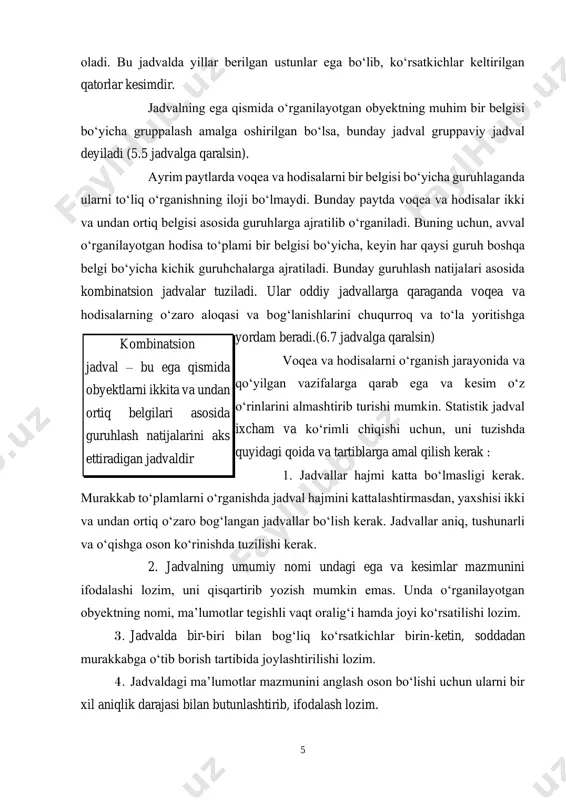 azifasini o‘taydi. shunday qilib, statistik ma’lumotlarni grafiklarda tasvirlash natijasida ularni soddalashtirish, ayonlashtirish, umumlashtirish, yakunlashtirish va pirovardida tasavvurimizni boyitish kabi muhim fazilatlarga ega bo‘lamiz. bu usul turli hodisalarni taqqoslashda, ularni dinamikasi va o‘zaro bog‘lanishlarini tahlil qilishda,rejalarni, davlat buyurtmalarini bajarish ustidan nazoratni amalga oshirishda, o‘rganilayotgan murakkab to‘plamlarning tuzilishini tekshirishda, ayrim voqealarning yoyilish ko‘lamini tasvirlashda qo‘llanadi. grafik – bu statistik ma’lumotlarni ta’sirchan va jozibali qilib tasvirlaydigan geometrik shakldir 7 4. grafiklarning turlari va asosiy elementlari grafiklar tuzilish shakli va qanday jarayonlarni tasvirlashi jihatidan har xil turlarga, tasnifiy guruhlarga bo‘linadi. quyida ularning turlari tasvirlangan. 1-tarh. statistik grafik turlari. diagramma deganda statistik ma’lumotlarni geometrik shakllar yordamida tasvirlash tushuniladi. agar ma’lumotlar shartli belgilarni geografik kartalarga tushirish yo‘li bilan tasvirlansa, bunday grafiklar kartogrammalar deb ataladi. kartodiagrammalar diagramma va kartogrammalarning aralashmasidan tashkil topadi. bu holda geografik kartalar hodisalarning hududiy taqsimlanishiga qarab konturlarga (bo‘laklarga) bo‘linadi va ularda ma’lumotlarni tasvirlovchi diagrammalar keltiriladi. kartogramma va kartodiagrammalar hodisalarning makonda (territoriyada) joylanishini tasvirlashda …