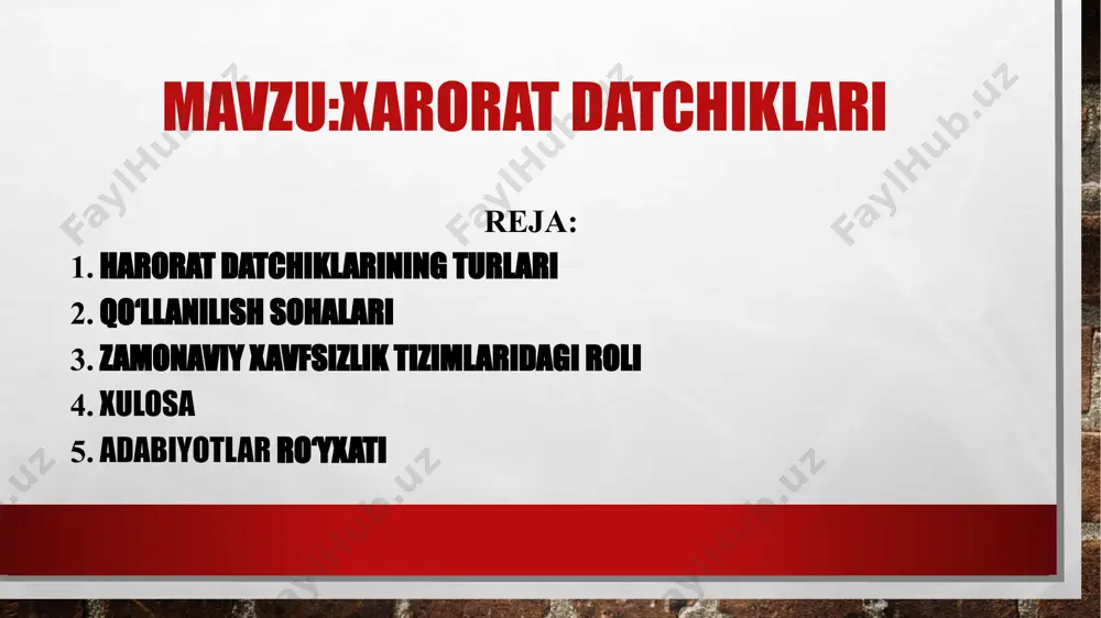 vo harorati sensori – iqlim nazorat tizimida ishlatiladi. zamonaviy xavfsizlik tizimlaridagi roli zamonaviy xavfsizlik tizimlarida harorat datchiklari muhim komponent hisoblanadi. ular muhitdagi harorat o‘zgarishlarini aniqlab, turli xavfli holatlarning oldini olishga xizmat qiladi. ayniqsa, texnik uskunalar, ishlab chiqarish jarayonlari yoki yashash joylarida haroratning keskin oshishi yoki normadan chetlanishi turli xavfli holatlarni keltirib chiqarishi mumkin. harorat datchiklari bunday vaziyatlarni erta aniqlab, avtomatik signal berish yoki qurilmani o‘chirib qo‘yish imkonini beradi. yong‘in xavfi oldini olish: datchiklar muhitdagi harorat ko‘tarilishini aniqlab, yong‘in signalizatsiyasini faollashtiradi. haddan tashqari qizishdan himoya: elektron qurilmalar yoki sanoat uskunalarining isib ketishini oldini olish uchun datchiklar avtomatik ravishda sovitish tizimlarini ishga tushiradi yoki qurilmani o‘chiradi. aqlli uy tizimlari (smart home): haroratni nazorat qilib, isitish va sovitish tizimlarini optimallashtiradi hamda xavfsizlikni oshiradi. zaharli gazlar aniqlanadigan tizimlar: ko‘pincha gaz sizib chiqishidan kelib chiqadigan yong‘in yoki portlash xavflarini harorat o‘zgarishlari orqali erta aniqlash mumkin bo‘ladi. harorat datchiklari ayniqsa sanoatda, ko‘p qavatli binolarda, ma’lumot markazlarida …