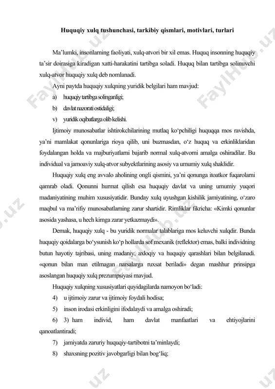 ususiyatlari quyidagilarda namoyon bo‘ladi: 4) u ijtimoiy zarur va ijtimoiy foydali hodisa; 5) inson irodasi erkinligini ifodalaydi va amalga oshiradi; 6) 3) ham individ, ham davlat manfaatlari va ehtiyojlarini qanoatlantiradi; 7) jamiyatda zaruriy huquqiy-tartibotni ta’minlaydi; 8) shaxsning pozitiv javobgarligi bilan bog‘liq; 9) huquqiy davlat huquqqa zid xulqni jamiyat hayotidan siqib chiqarish orqali huquqiy munosabatlar doirasini kengaytirishga intiladi, ya’ni huquqiy xulq ommaviy hisoblanadi; 10) ixtiyoriy va ongli ravishda amalga oshiriladi. huquqiy xulq - bu huquq normalariga mos keladigan, yuridik oqibatlarni keltirib chiqaradigan, ijtimoiy foydali ahamiyat kasb etuvchi huquq subyektlarining ongli va ixtiyoriy xulqidir. mohiyatiga ko‘ra, huquqiy xulq shakllari huquqni amalga oshirish shakllariga to‘la mos keladi, ya’ni huquqiy xulq huquq normalarini amalga oshirilishini ifoda etadi, huquqqa rioya qilish, uni bajarish, undan foydalanish va uni qo‘llash kabi shakllarda namoyon bo‘ladi. huquq normalariga amal qilish, yuridik majburiyatlarni bajarish, o‘rnatilgan huquqlardan foydalanish, maxsus subyektlar tomonidan huquqni qo‘llash - bular hammasi birgalikda huquqiy xulqning mohiyatini ifodalaydi. …