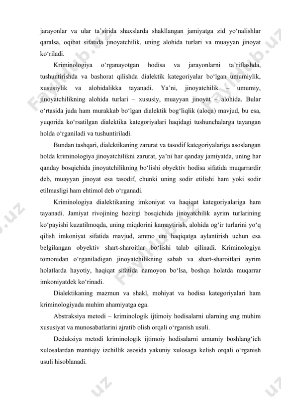 bstraktlashning yanada yuqori bosqichiga o‘tish orqali o‘rganish usuli. qiyoslash metodi – kriminologik ijtimoiy hodisalarni belgilari, xususiyatlari, qonuniyatlari bo‘yicha taqqoslash, solishtirish, chog‘ishtirish orqali o‘rganish, ularning o‘ziga xos jihatlari va xususiyatlarini aniqlab olish usuli. mantiqiy metod – kriminologik ijtimoiy hodisalarning mohiyatini, mazmunini nazariy, mavhumlashtirilgan tarzda, mantiq qonunlari asosida o‘rganish usuli. mantiqiy metod kriminologik ijtimoiy hodisalar haqida oqilona, asoslantirilgan (isbotlangan), to‘g‘ri (haqqoniy) bilimlar hosil qilish va ularni asoslashda mantiq qonun-qoidalaridan foydalana bilishni o‘rgatadi. shuningdek, mazkur metod turli fikrlarni mantiqiy tahlil qila olish, o‘z fikrini aniq, izchil, ziddiyatsiz, ishonarli, asosli, dalillar bilan ifodalash ko‘nikmalarini hosil qiladi. statistik-matematik metodi jinoyatchilikka qarshi kurash amaliyotiga doir statistik ma’lumotlarni umumlashtirish orqali kriminologik ijtimoiy hodisalarning belgilari, xususiyatlari va qonuniyatlarini aniqlash va baholash usuli hisoblanadi. bunda raqamli hisob-kitob yuritish asosida ma’lumotlar to‘planadi, tahlil qilinadi, baholanadi va mantiqiy-ilmiy xulosa chiqariladi. raqamli ma’lumotlar jinoyatchilikning holati, dinamikasi hamda o‘sish tendensiyalarini obyektiv ifodalaydi. statistik-matematik tadqiqotlar natijalari so‘z bilan anglashiladigan har qanday ifodalardan ishonchliroq chiqishini …