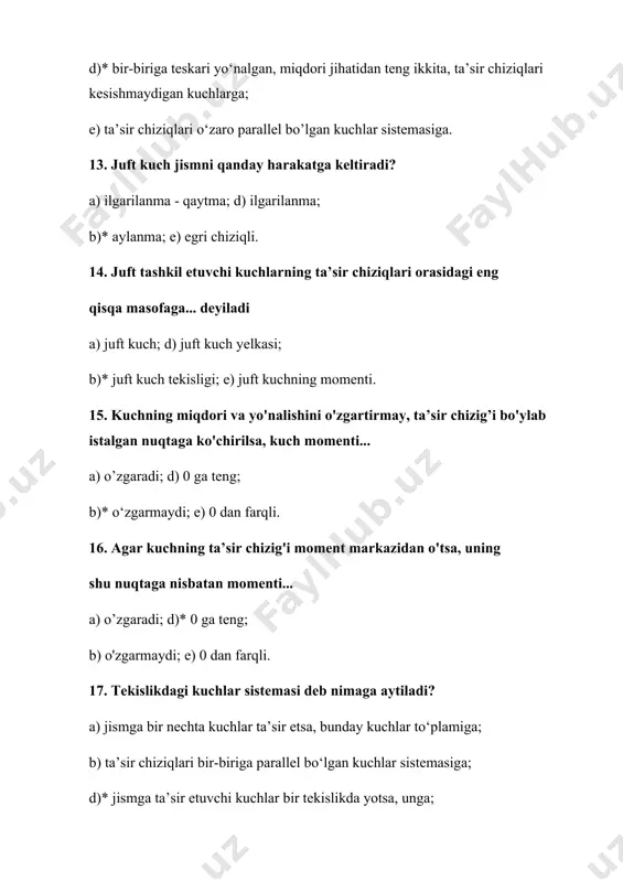 rayektoriya, tezlik, vaqt, harakat; e)* trayektoriya, tezlik, tezlanish. 26. kinematikada nuqtaning harakati qanday usullarda beriladi? a) vektor, skalar, koordinata usulida; b) koordinata, tabiiy, skalar usulida; d) vektor, tabiiy, urunma usulida; e)* vektor, koordinata, tabiiy usulda. 27. nuqta harakati vektor usulda berilganda harakat tenglamasi qanday ko‘rinishda bo‘ladi? a)* 28. 28.nuqta harakati tabiiy usulda berilganda harakat tenglamasi qanday ко ‘rinishda bo ‘ladi? d)* 29. nuqta harakati koordinata usulida berilganda harakat tenglamasini kо ‘rsating: b)* 30. formula nimani ifodalaydi? a) nuqtaning harakat tenglamasi; b) nuqta harakatining vektor ko‘rinishdagi kinematik tenglamasi; d) nuqtaning berilgan ondagi tezlik vektori; e)* vektori yoy koordinatasining yo‘nalishi bo‘yicha yo‘nalgan urinmaning birlik vektori. 31. formula nimani bildiradi? a) egri chiziqli harakatdagi nuqtaning tezlanishi urinma va normal tezlanishlaming geometrik yig‘indisi; b) nuqtaning normal tezlanishi; d) nuqtaning urinma tezlanishi; e) nuqtaning berilgan ondagi tezlanish vektori. 32. normal tezlanish qaysiformula bilan topiladi? 33. 33.urinma tezlanish qaysiformula bilan topiladi? 34. harakatlanuvchi qattiq jismning ikki …
