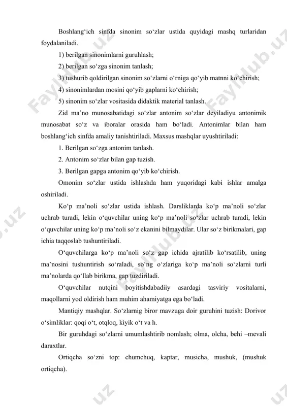 os sifatlar tanlab predmetni tasvirlash, berilgan sifatlar yoki so‘z birikmasi bilan gap tuzish kabi mashqlardan foydalaniladi. mashq materialini tanlashda –roq qo‘shimchasi bilan qo‘llangan yaxshiroq, aqilliroq kabi, shuningdek, tip-tiniq, sap-sariq kabi sifatlar ko‘proq bo‘lishiga e’tibor beriladi. o‘quvchilarning mstaqilligi oshgan sayin mashq topshiriqlari ham asta-sekin murakkablashtira boriladi. shunday qilib, sifatni o‘zlashtirishda uni ot bilan o‘zaro bog‘lq holda o‘rganishga asoslanadi.