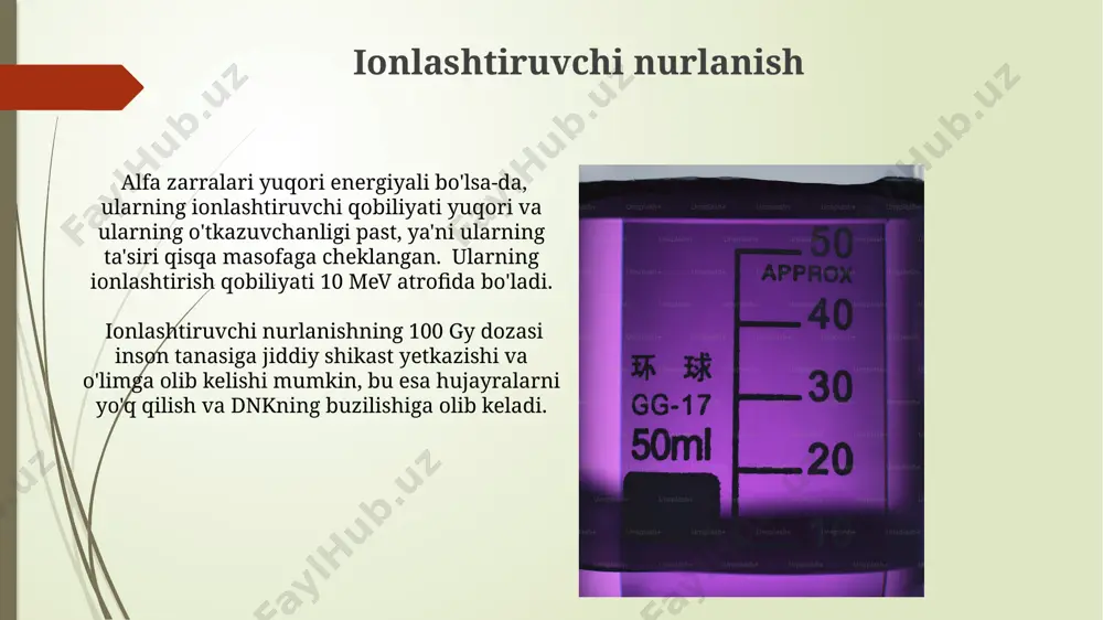 qobiliyati nisbatan past. alfa nurlanishi 2 proton va 2 neytrondan iborat alfa zarralari oqimidan iborat bo'lib, ionlashtiruvchi qobiliyati yuqori, lekin o'tish qobiliyati past, ya'ni qalinligi bir necha santimetr havo yoki yupqa qog'oz bilan to'silishi mumkin. doza ekvivalentlari ekvivalent dozani hisoblashda radiatsiya turining biologik ta'sirini hisobga oluvchi og'irlik koeffitsiyentlari (wr) qo'llaniladi, masalan, alfa-zarralar uchun wr = 20 ga teng. dozani o'lchash birligi sievert (sv) bo'lib, u 1 gray (gy) ionlashtiruvchi nurlanishning biologik ta'sirini hisobga oladi va 1 sv = 100 rem ga teng. e'tiboringiz uchun rahmat @taqdimot_robot image1.jpg image2.jpg image3.jpg image4.jpg image5.jpg image6.jpg image7.jpg image8.jpg image9.jpg image10.jpg image11.jpg