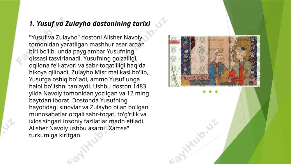 ishlangan. masalan, fors tilida 1483-yilda abdurahmon jomiy tomonidan yaratilgan "yusuf va zulayho" masnaviysi mashhur. o'zbek adabiyotida esa alisher navoiyning "hayrat ul-abror" dostonida bu syujet kuzatiladi. syujetda yusufning go'zalligi, tavakkalchilik va taqdirga ishonch kabi mavzular asosiy o'rinni egallaydi. ushbu asarlar adabiy va falsafiy mazmuni orqali kishilarning ma'naviy tarbiyalashiga xizmat qilgan. ... 7. yusuf va zulayho dostonining poetik tuzilishi 7. "yusuf va zulayho" dostonining poetik tuzilishi o'zbek adabiyotida muhim ahamiyatga ega. doston ikki asosiy qismdan iborat bo'lib, har bir bo'limda yusuf va zulayho sevgi hikoyasi tasvirlangan. asar aruz vaznida yozilgan bo'lib, unda talab qilinadigan qofiyalash va ritmik tuzilish ustun qo'yilgan. doston 12 000 dan ortiq baytdan tashkil topgan bo'lib, unda ramziy obrazlar, nafis poetik tasvirlar, mubolag'alar va istilohlar keng qo'llangan. asarda yusufning sabrlilik, aql-zakovati hamda zulayhoni yoshligidagi go'zalligi va ma'sumligi haqida tasvirlar mavjud. doston o'zining estetik go'zalligini saqlab, yagona voqeaviy izchillikni ifodalaydi. ... 8. "yusuf va zulayho" dostoni sharq adabiyotida muhabbat va …