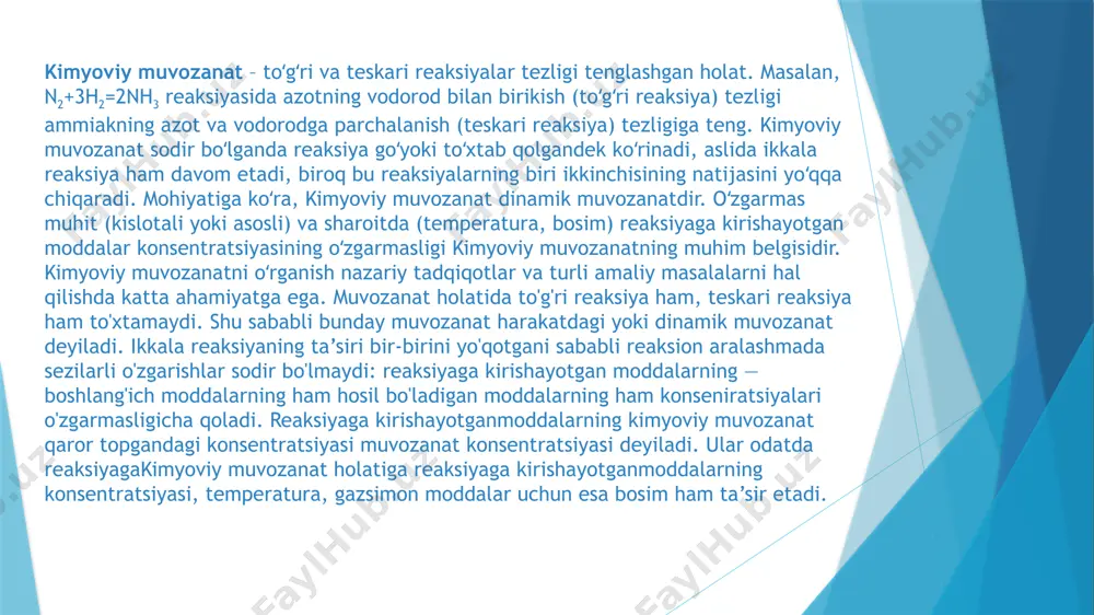 o'zgaraveradi, bu muvozanat konsentratsiyalarning boshqqiymatlarida qaror topadi. reaksiya sistemasining bir muvozanat holatidan boshqasiga bunday o'tishi kimyoviy muvozanatningsiljishi (yoki surilishi) deyiladi. agar sharoit o'zgarganida oxirgi moddalarning konsentratsiyasi ko'paysa, muvozanat reaksiya mahsulotlari tomoniga siljigan bo'ladi. agar boshlang'ich moddalarning konsentratsiyasi ko'paysa, u holda muvozanat boshlang'ichmoddalar hosil bo'lishi tomoniga siljigan bo'ladi. muvozanat turlari; 1.gomogen muvozanat bu turdagi muvozanatda barcha reaksiya ishtirokchilari bir xil fazada bo‘ladi, odatda gaz yoki suyuq holatda. misol: n2+3h2=2nh3 2.geterogen muvozanat. muvozanatda ishtirok etayotgan moddalarning fazalari har xil bo‘ladi (masalan, gaz va qattiq). misol; caco3=cao+co2 3. fizik muvozanat;fizikaviy o‘zgarishlarda (masalan, bug‘lanish, erish) kuzatiladigan muvozanat.misol: suvning suyuq holatdan bug‘ holatiga o‘tishi va aksincha: bu kimyoviy reaksiyalar davomida mahsulotlar va reaktantlar konsentratsiyasi o‘zgarmas bo‘lib qoladigan holat. bu gomogen va geterogen muvozanatlar ichiga kiradi. 4. dinamik muvozanat. bu muvozanatda moddalarning oldinga va orqaga reaksiyalari bir xil tezlikda boradi. moddalarning umumiy miqdori o‘zgarmaydi, lekin zarrachalar doimiy ravishda reaksiyaga kirishib turadi. termodinamikaning i va ii qonuni …