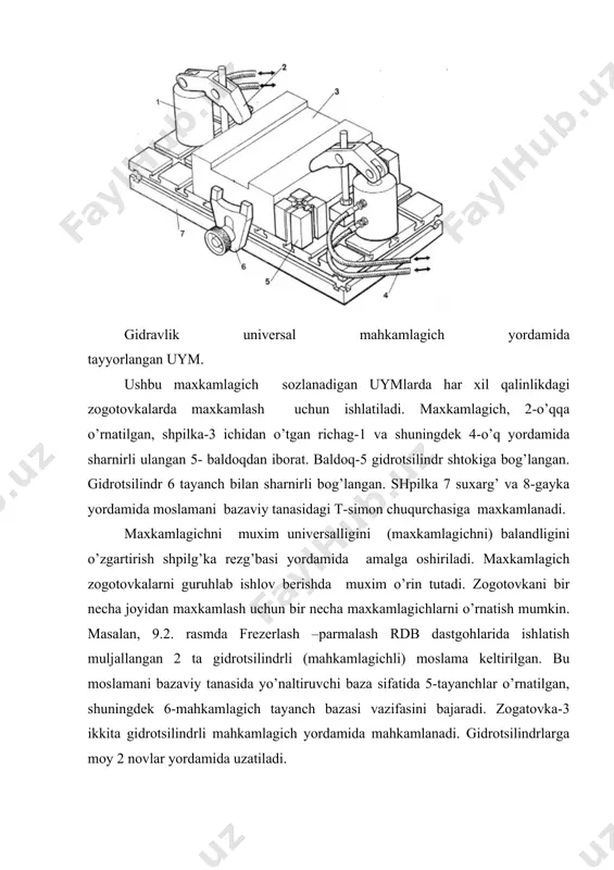 arish modullari uchun universal va sozlanuvchan yo’ldosh moslamalar va ularni magazinlari ham ishlatiladi (9.3, 9.4-rasm) yo’ldosh moslamani avtomatik almashtirish qurilmasi (9.3.-rasm) 3 ta pozitsiyali (xolatli) stoldan iborat bo’lib a pozitsiyadagi yo’ldosh moslama 4 –dastgoh stoliga va stoldagi yo’ldosh moslama 5 esa b pozitsiyaga o’tadi. dastgoh ishlovni boshlaydi. bu vaqtda b pozitsiyada ishlov berilgan detal olinadi va yangi zagotovka o’rnatiladi, hamda mahkamlanadi. ishlov tugagandan so’ng yo’ldosh moslama-o’rinlari b pozitsiyadan dastgohga va dastgohdan a pozitsiyaga 6-gidrotsilindr yordamida almashtiriladi. moslanuvchan ishlab-chiqarish modullarida dastgoh yonida joylashgan yo’ldosh moslamalar magazinidan dastgohga birin –ketin uzatish uchun ikki pazitsiyali maxsus yo’ldosh moslamalarni avtomatik almashtirish qurilmasi ko’zda tutilidi(9.3v-rasm). bu qurilmada yo’ldosh moslama –11, ikkita gidrotsilindr va t-simon ushlagich –14 yordamida bir pozitsiyadan ikkinchi pozitsiyaga uzatiladi. moslanuvchan ishlab –chiqarish modullarida yo’ldosh moslamalar magazini doiraviy shaklda tayyorlanishi mumkin (10.4-rasm). yo’ldosh moslamalarga o’rnatilgan zogotovkalar doiraviy magazinda tayyor holda turadi. ularni yo’ldosh moslamani almashtirish qurilmasi dastgohga uzatadi, ishlov berilgan detalli yo’ldosh moslama …
